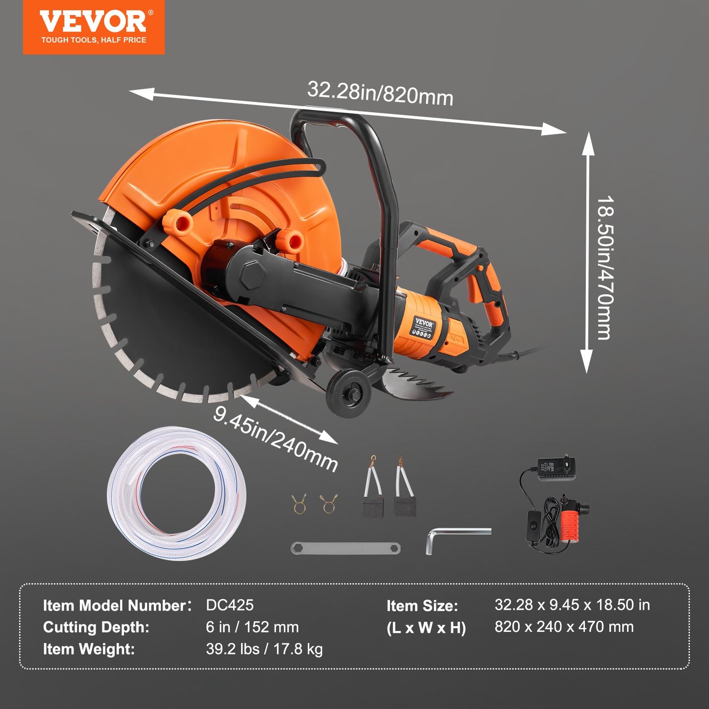 16"/40,6 cm elektrisk betongsåg våt-/torrsåg med vattenpump och blad