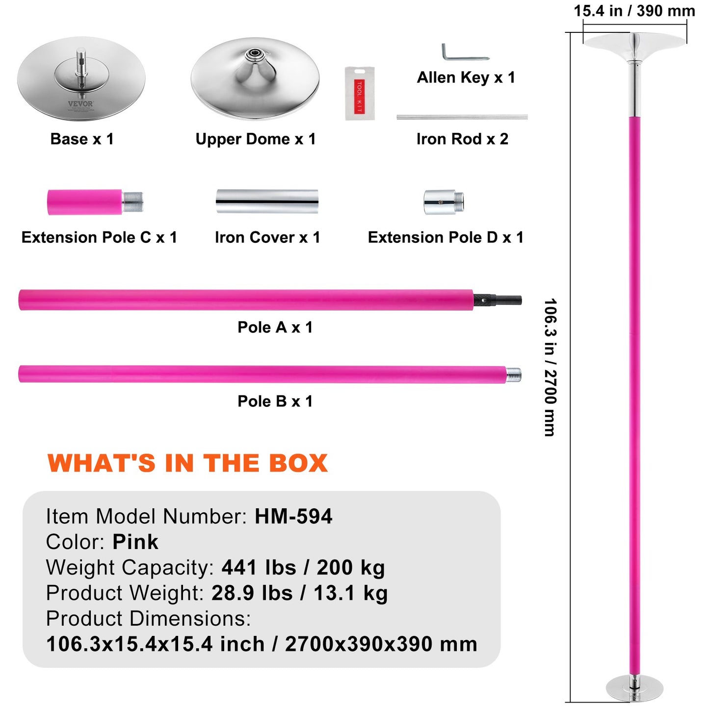 Professionell dansstång, snurrande statisk dansstångskit, bärbar avtagbar stång, 40 mm kraftig stång i rostfritt stål, höjdjusterbar fitnessstång, för träning hemma, klubbgym, rosa