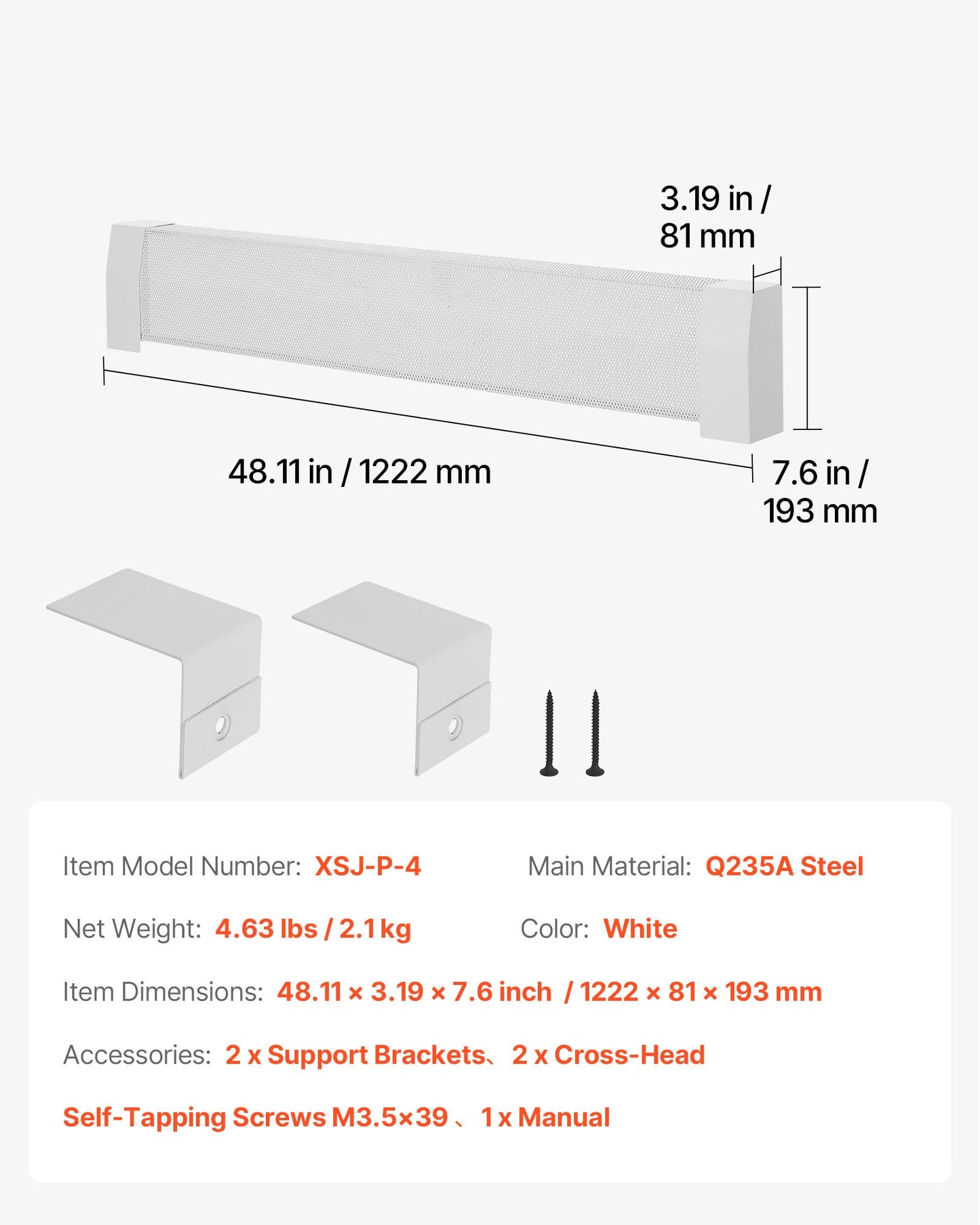 Värmekåpor till golvlister, Premium-serien 1222 mm standardfrontkåpa för elektrisk värmeenhet för hemförbättring, kraftigt stål, enkel installation för sovrum, byter ut gammalt kåpa, vit
