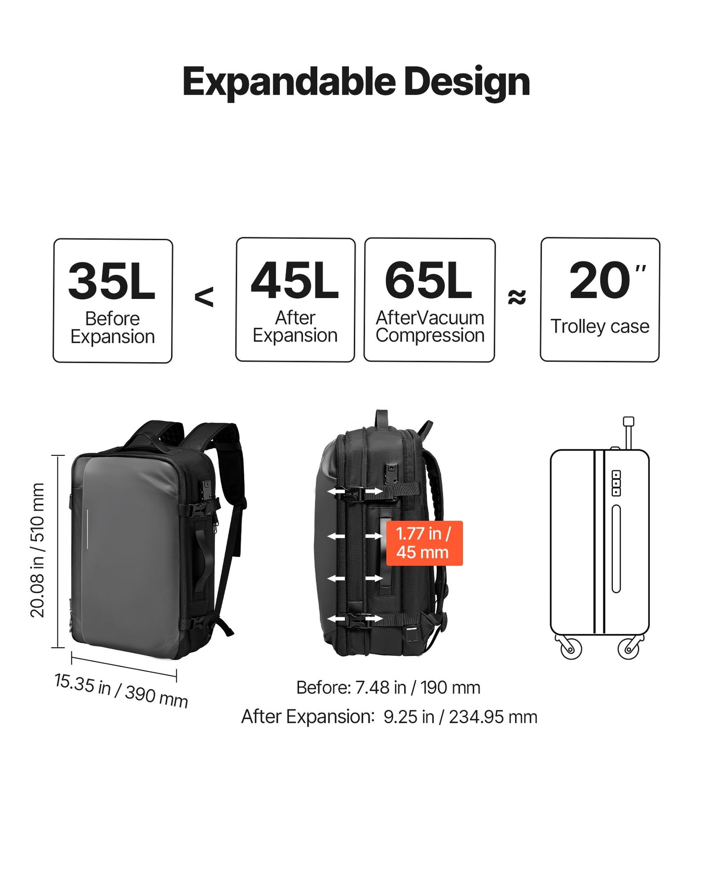 Vakuumreseryggsäck, 65L, Expanderbar vakuumtätad kompressionsreseryggsäck med pump, med TSA-godkänt lås, Airback Vacpack, Vattentålig handbagageväska, för affärsresenärer, Grå