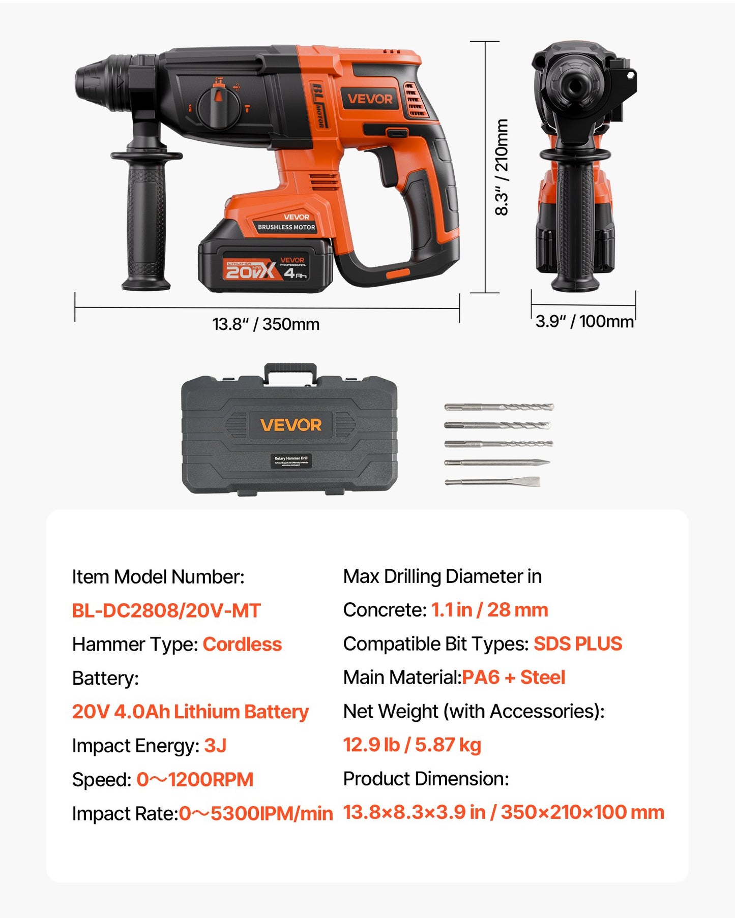 20V borstlös sladdlös slagborrmaskin, litiumjonbatteri 1,1 tums borrhammare, SDS-Plus elektriskt lättviktsverktygssats med batteri och laddare, 4 funktioner, 1200 varv/min, 5300 slag/min