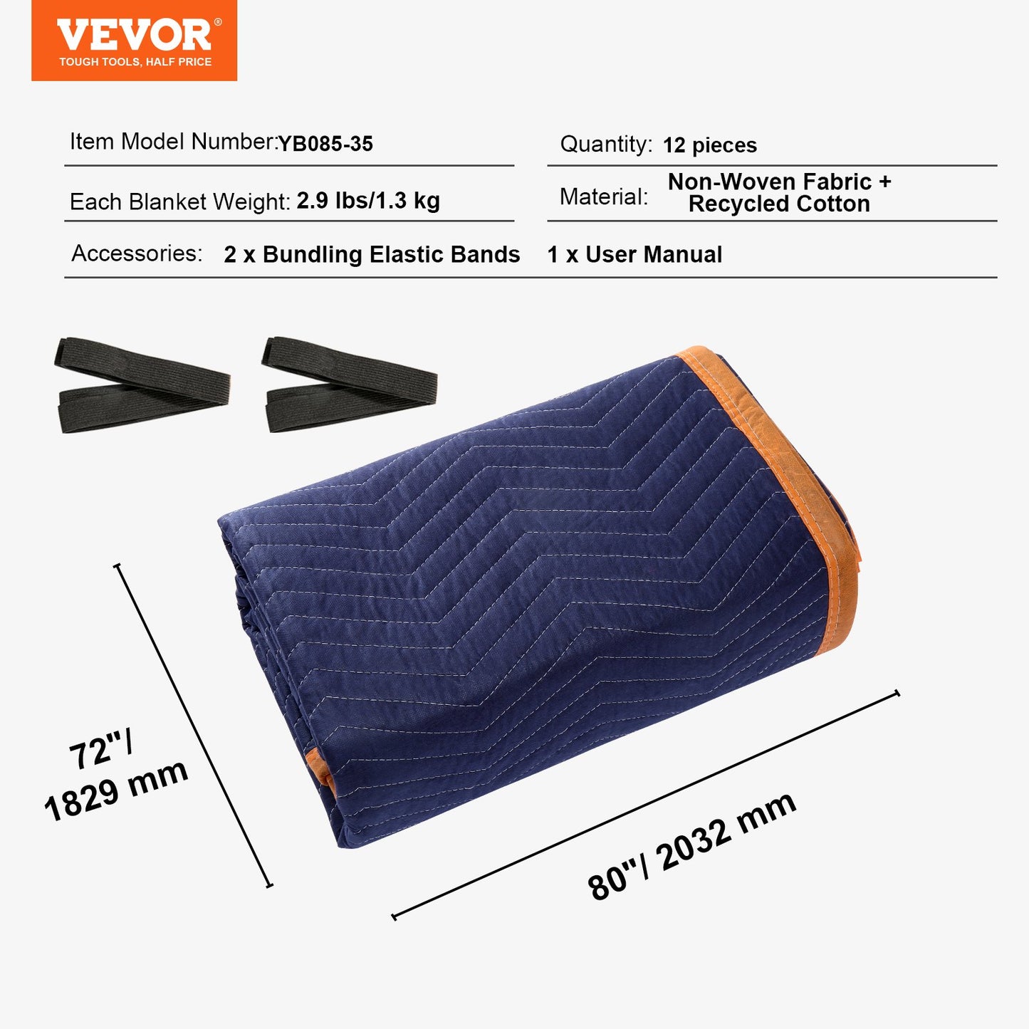 Flyttfiltar, 203,2 x 182,9 cm, 15,9 kg/dz vikt, 12-pack, professionell packfilt av non-woven och återvunnen bomull, kraftiga flyttkuddar för att skydda möbler, golv, vitvaror, blå/orange