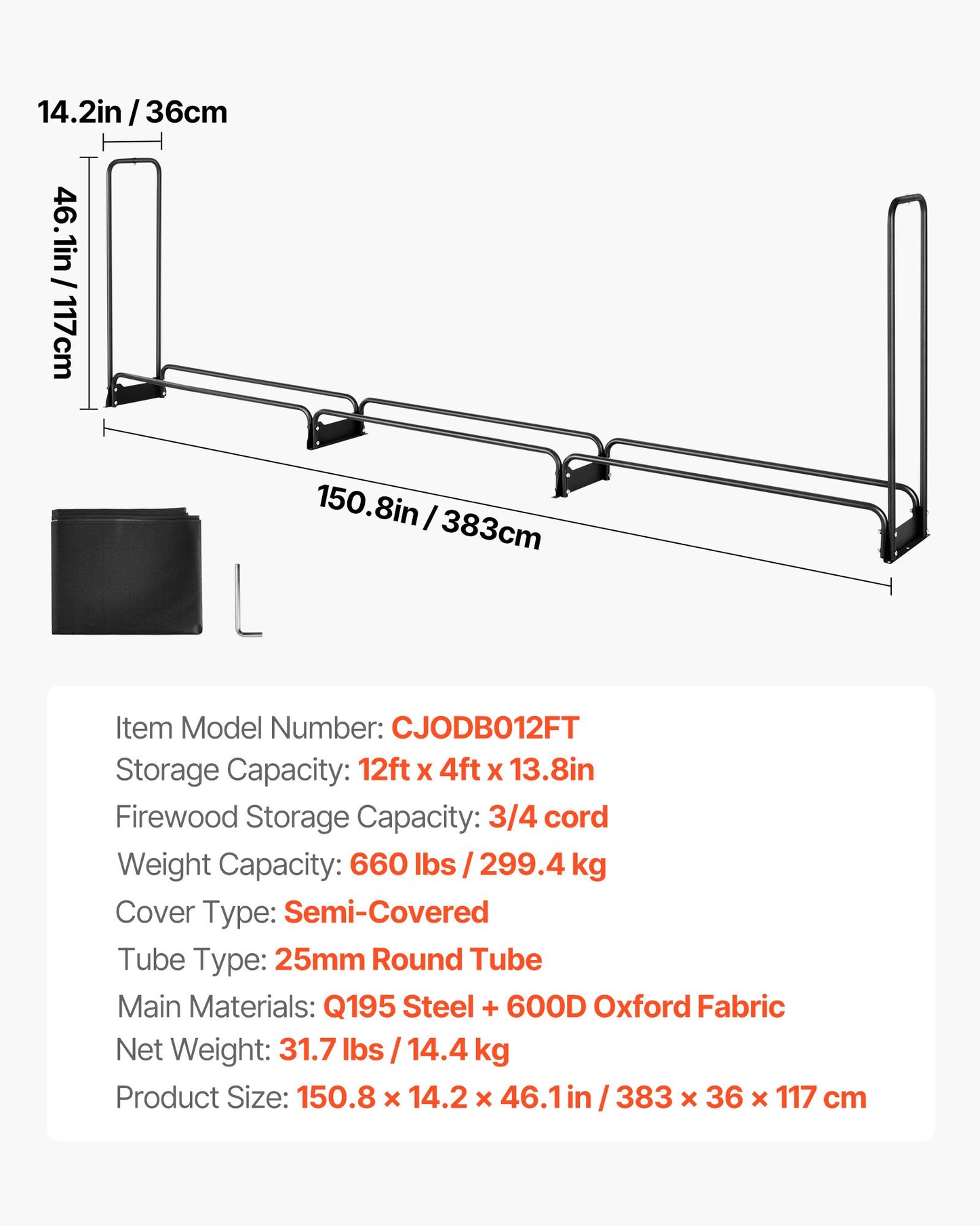3,9 m vedställ för utomhusbruk med lock, 386 cm x 36 cm x 117 cm, kraftig vedhållare och vattentätt 600D Oxford-lock för öppen spis, uteplats, vedställ för inomhus-/utomhusbruk för 3/4-sträng ved