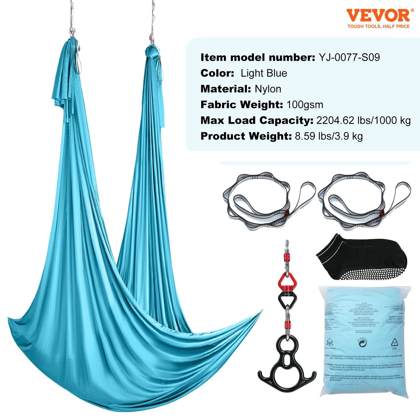 Aerial Silk & Yoga Swing, 11 Yards, Aerial Yoga Hammock Kit med 100gsm nylontyg, komplett riggningshårdvara och enkel installationsguide, antigravitationsflygning för alla nivåer fitness bodybuilding, blå