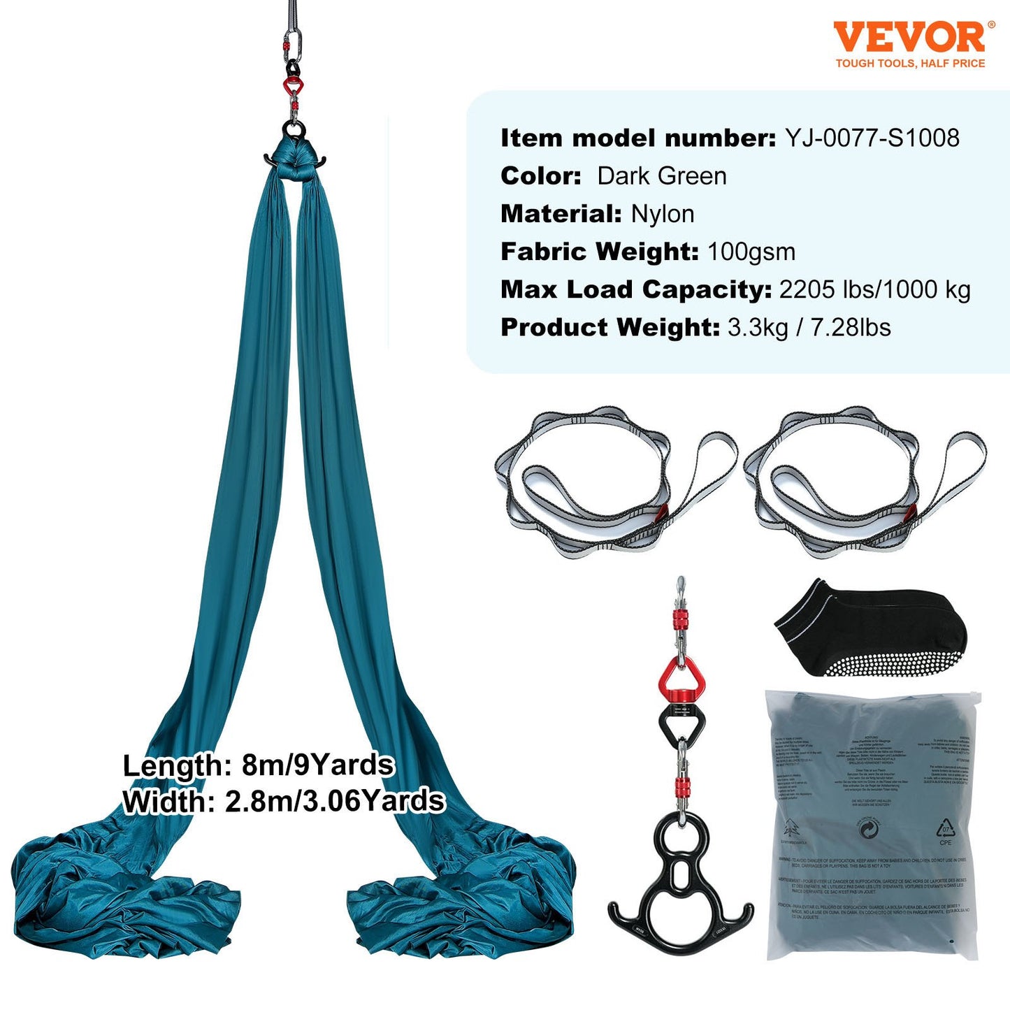 Aerial Silk & Yoga Swing, 8,7 yards, Aerial Yoga Hammock Kit med 100gsm nylontyg, komplett riggningshårdvara och enkel installationsguide, antigravitationsflygning för alla nivåer fitness bodybuilding, grön