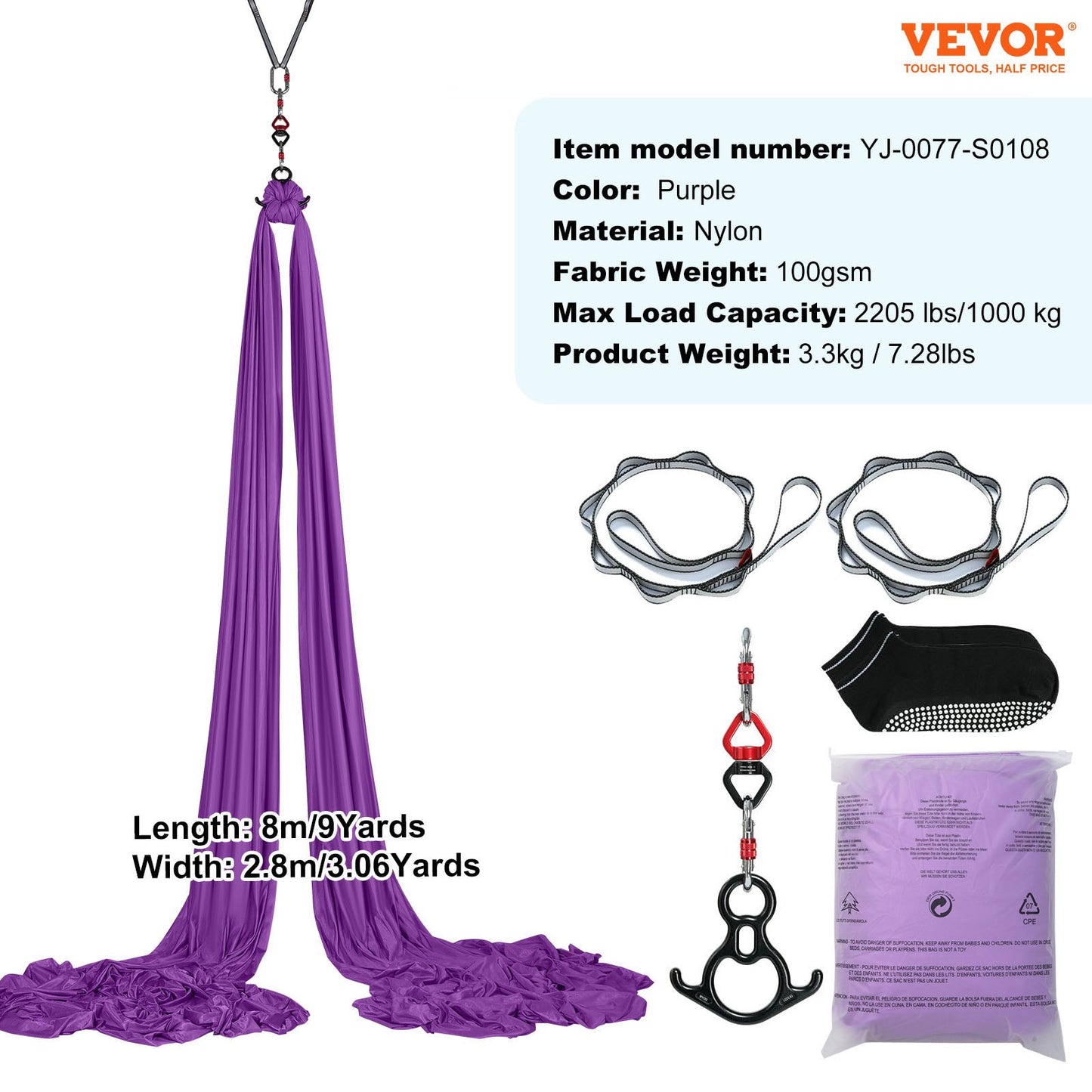 Aerial Silk & Yoga Swing, 8,7 yards, Aerial Yoga Hammock Kit med 100gsm nylontyg, komplett riggningshårdvara och enkel installationsguide, antigravitationsflygning för alla nivåer fitness bodybuilding, lila
