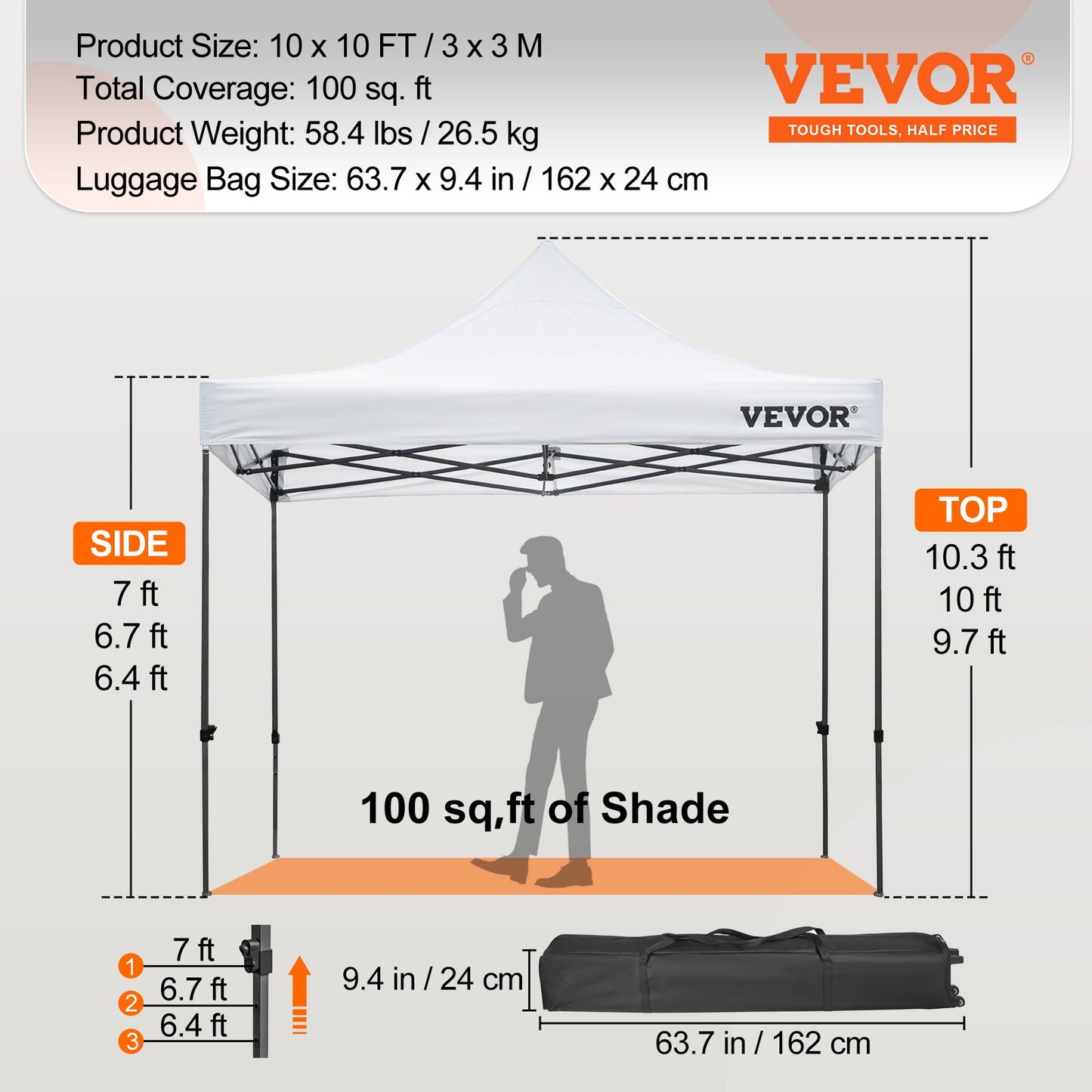 304,8 x 304,8 cm popup-tält med tak, utomhuspaviljongtält med avtagbara sidoväggar och hjulförsedd väska, UV-resistent vattentätt direktpaviljongtält för fest, trädgård, bakgård, vit