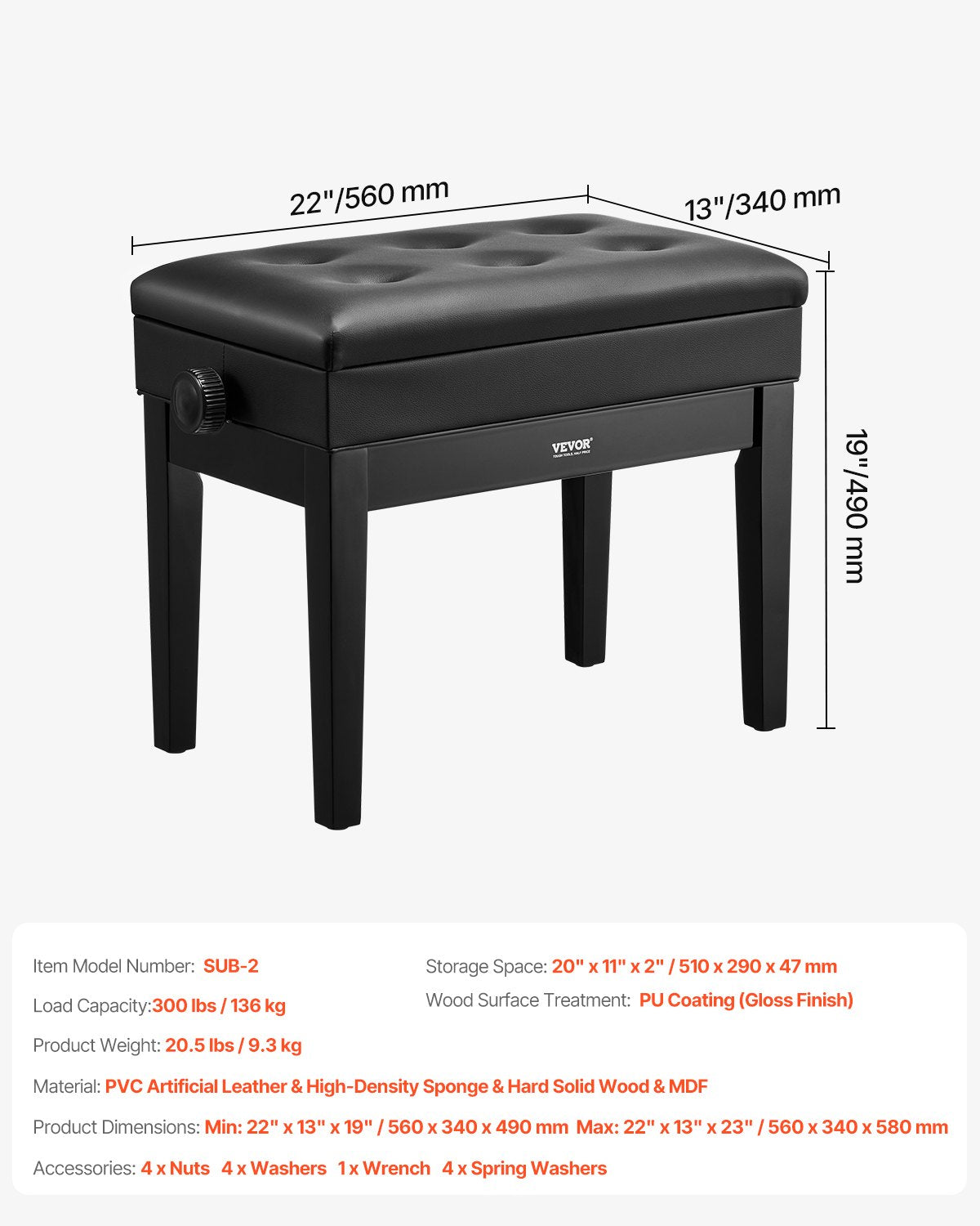 Justerbar piano- och keyboardbänk med förvaring, vadderad sits, bokhylla i trä, pall 56x34x49cm