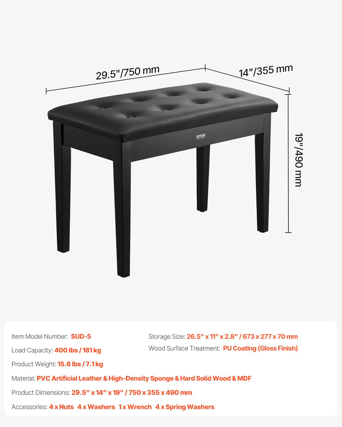 Duet Piano Keyboard Bench Storage Padded Seat Wooden Vanity Bookcase Stool 750x355x490mm