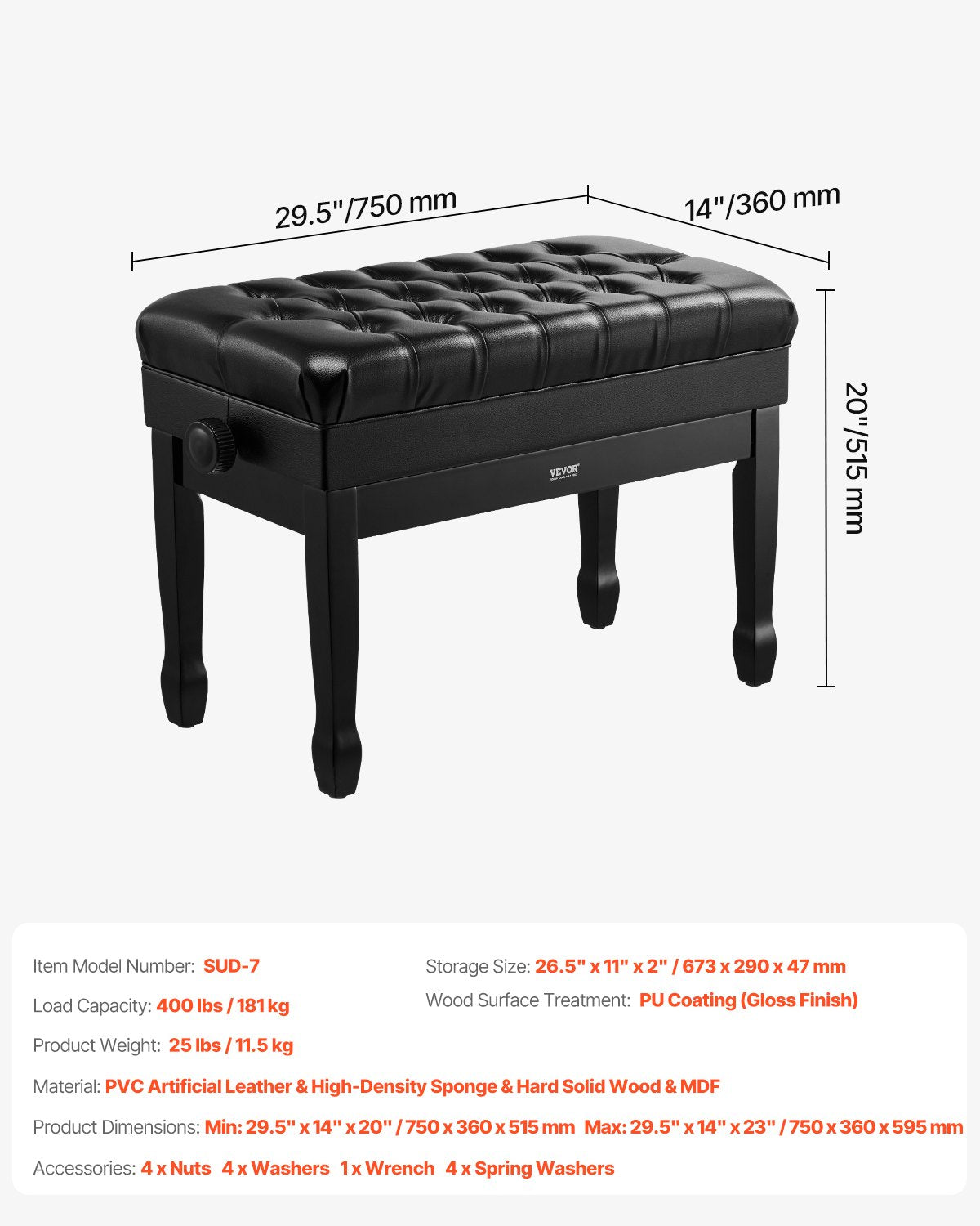 Justerbar piano- och keyboardbänk med förvaring, vadderad sits, bokhylla i trä, pall 750x360x515mm