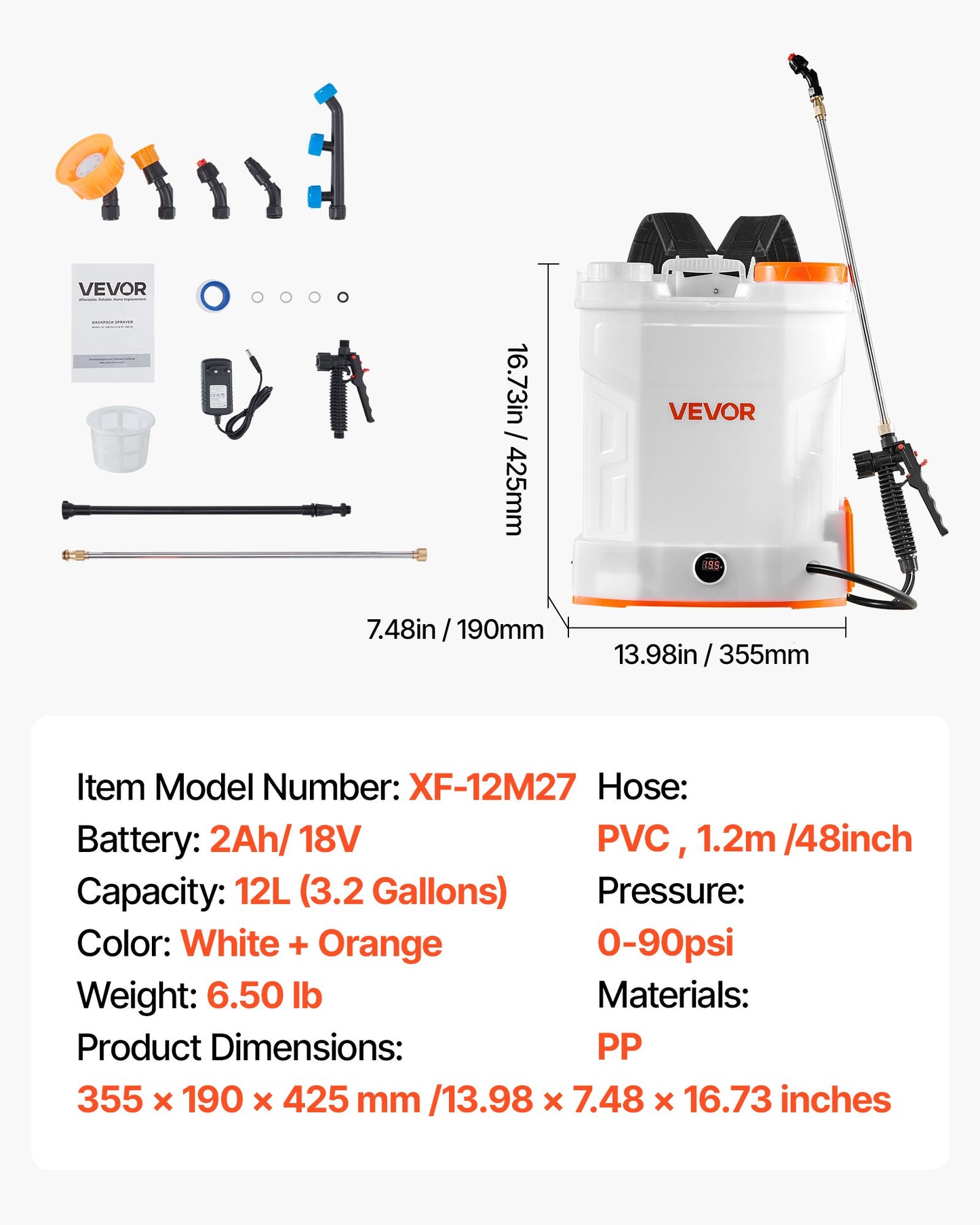 Batteridriven ryggspruta, 12L kraftfull elektrisk ryggspruta, 2 infällbara skaft och 5 munstycken, justerbar 0-90 PSI, 2 timmars drifttid, bärbara ogrässprutor för trädgård och gräsmatta