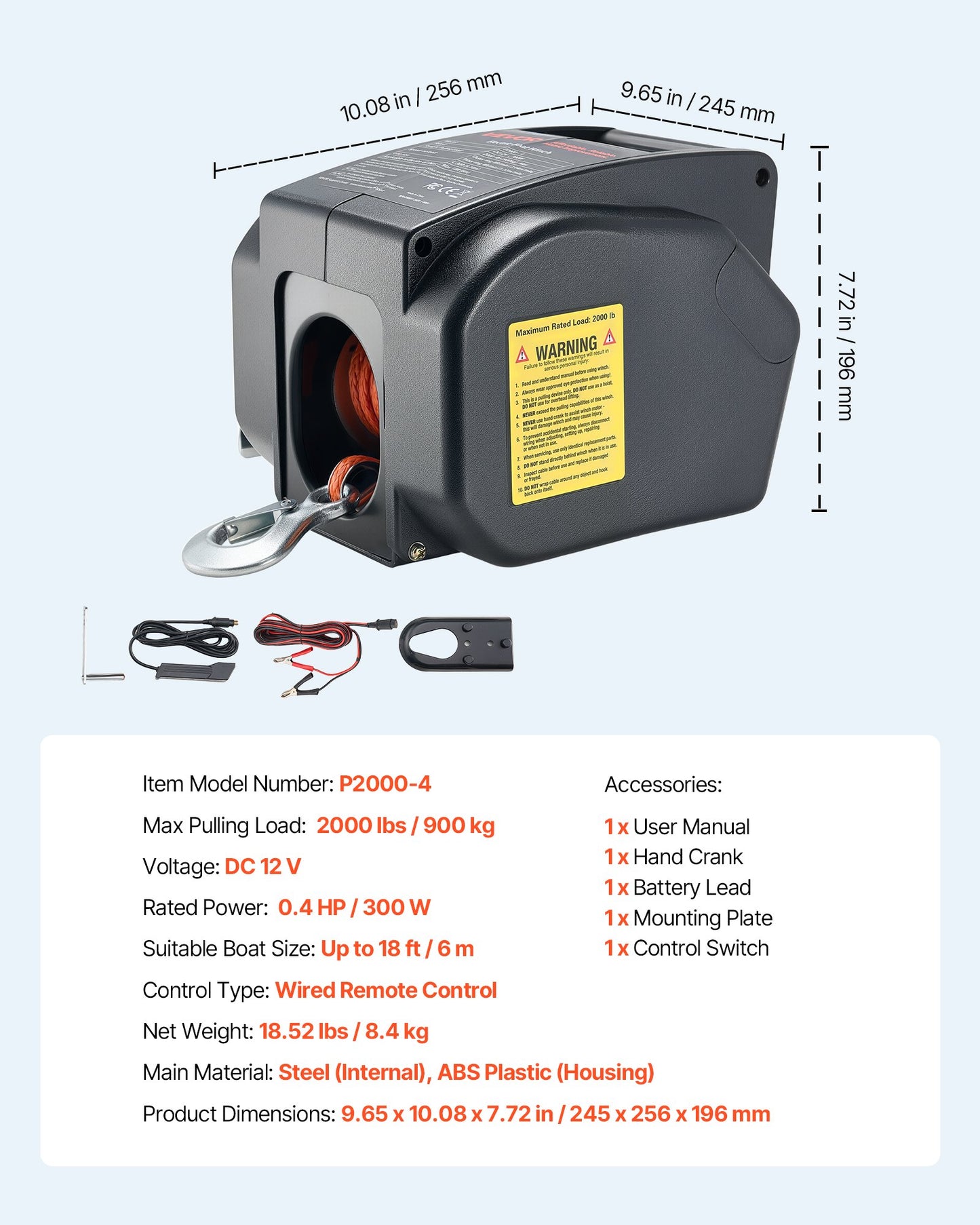 Elektrisk båtvinsch, 12V DC 300W, vändbar elektrisk trailervinsch för båtar upp till 900 kg, inkoppling, urkoppling och frihjulsdrift för båtar med trådbunden fjärrkontroll och handvev