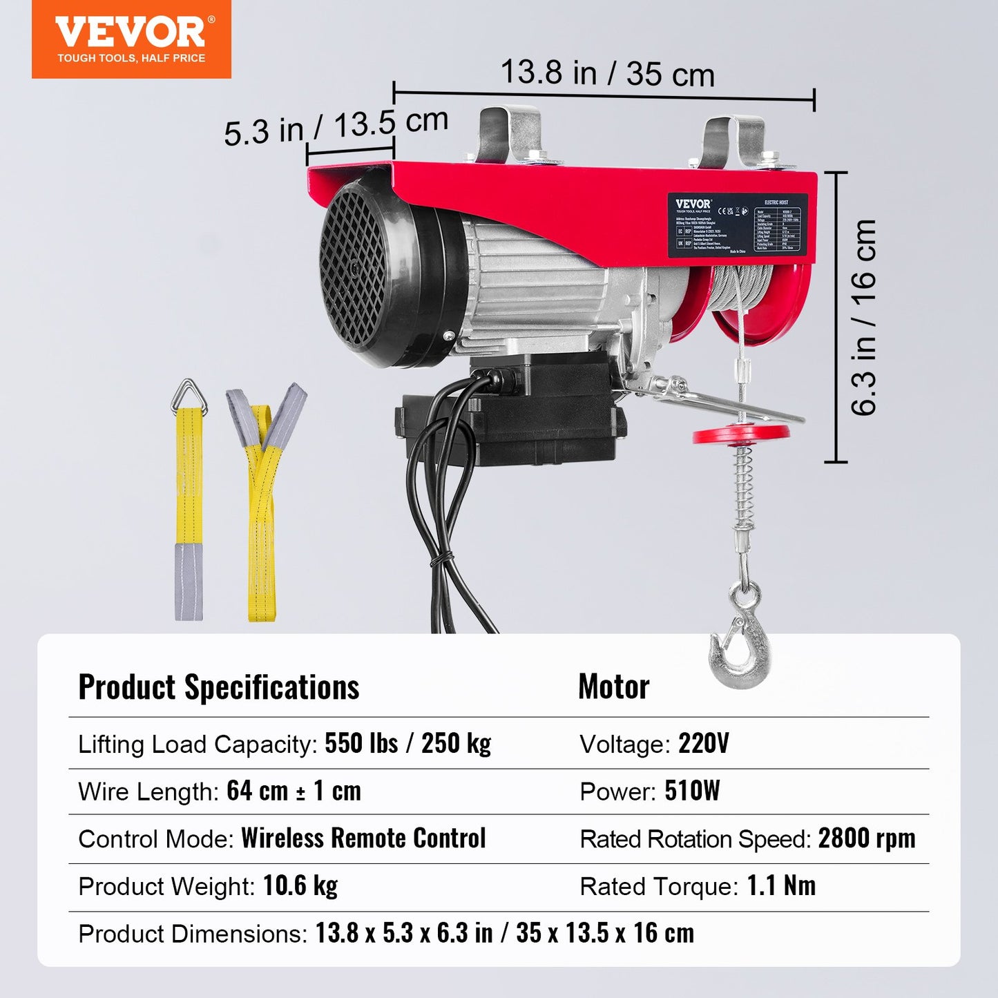 Elektrisk lyftanordning, 249,5 kg lyftkapacitet, 510W 220V elektrisk stålvinsch med trådlös fjärrkontroll, 1219 cm lyfthöjd med enkel kabel och motor i ren koppar, för garage, lager och fabrik