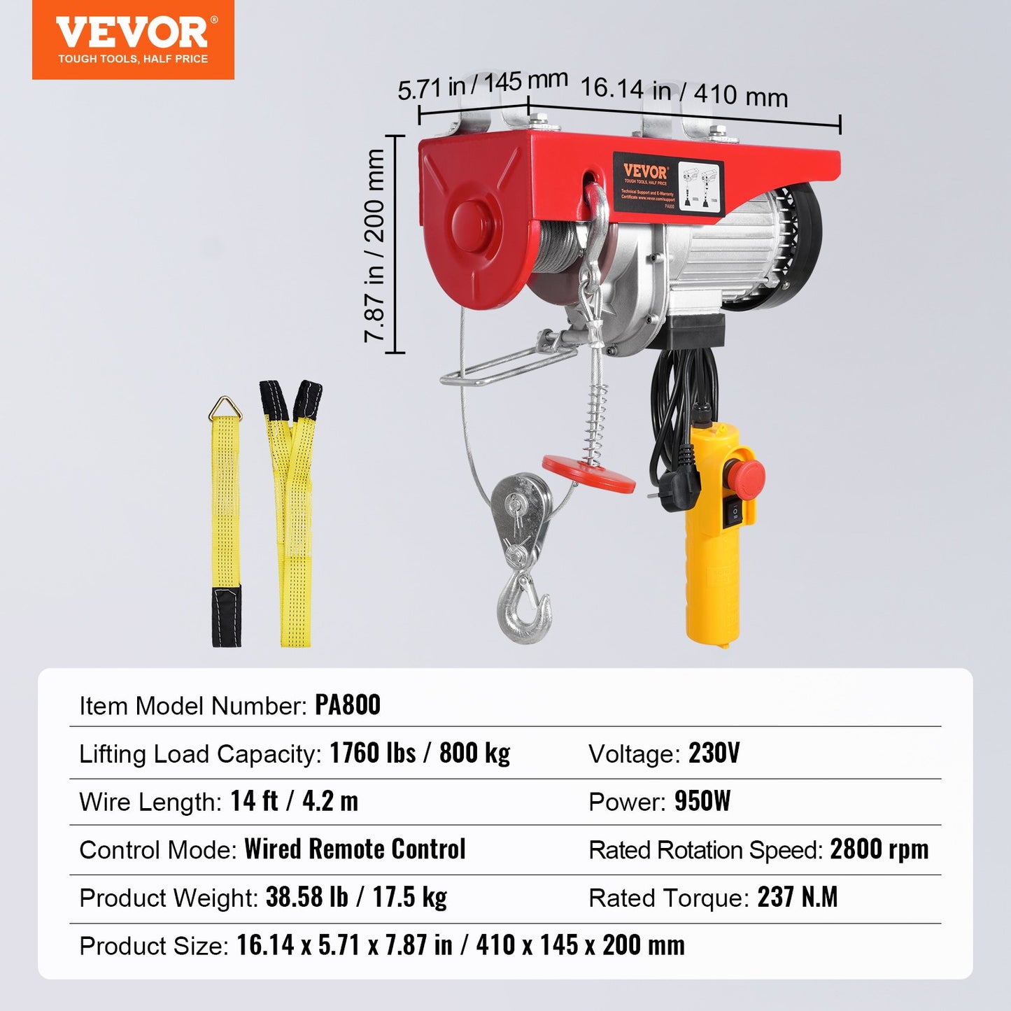 Elektrisk lyftkranvinsch 798,3 kg med 426,7 cm trådbunden fjärrkontroll 230V