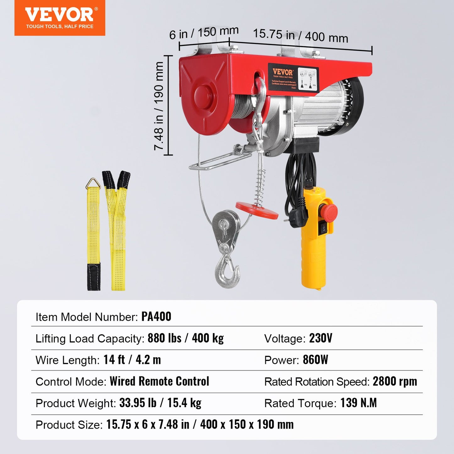 Elektrisk lyftanordning, 360 kg 230V elektrisk vinsch med 4,2 meter trådbunden fjärrkontroll, 12,2 meter lyfthöjd med enkel kabel, enkla/dubbla selar, nödstopp, lyftanordning för garage, lager, fabrik