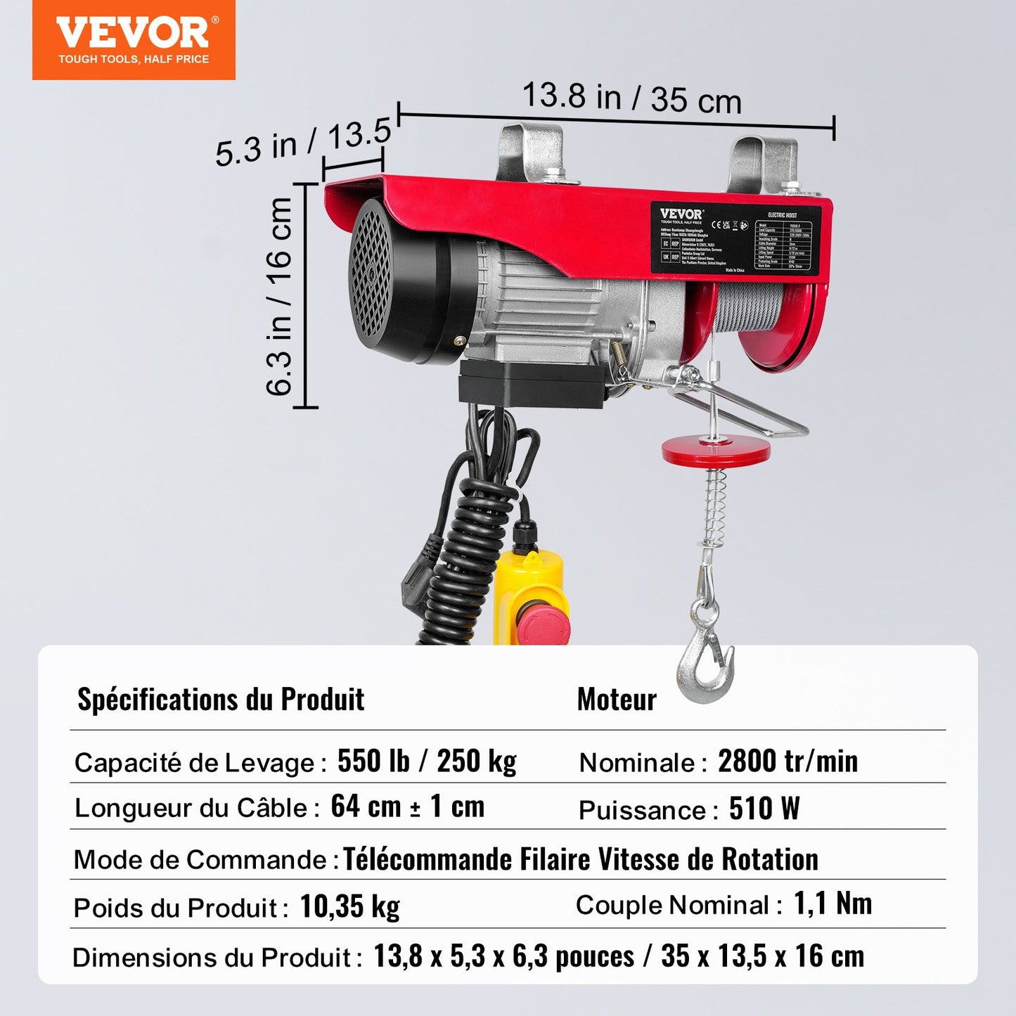 Elektrisk lyftanordning, 249,5 kg lyftkapacitet, 510W 220V elektrisk stålvajervinsch med 427 cm trådbunden fjärrkontroll, 1219 cm lyfthöjd med en kabel och motor i ren koppar, för garage, lager, fabrik