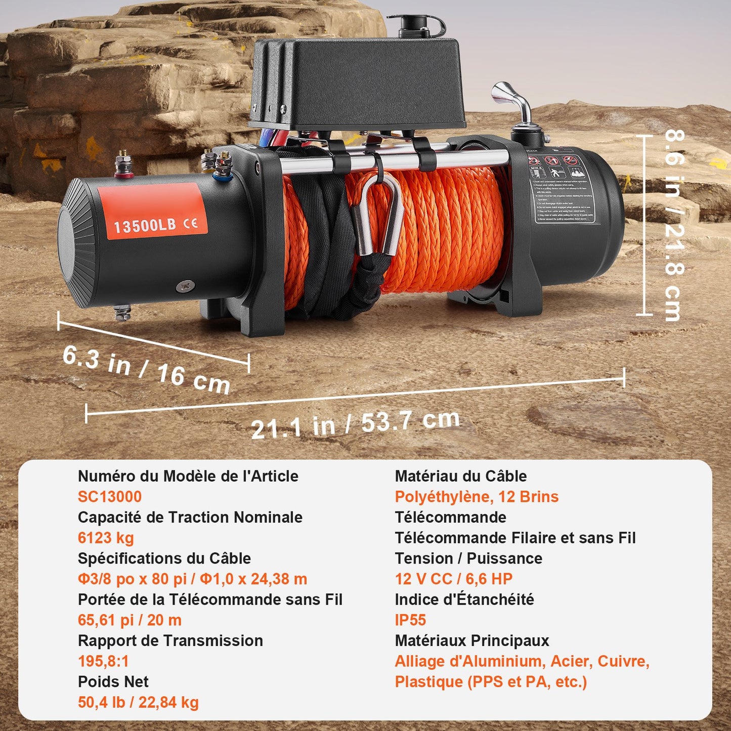 Elektrisk vinschtruck 6123,5 kg syntetiskt rep vattentät fjärrkontroll