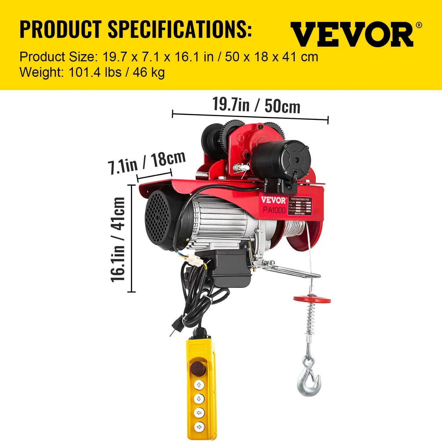 Elektrisk vajertelfer med vagn, elektrisk vajertelfer med vagn, fjärrkontroll, industri, kapacitet 1000 kg/2200 lbs