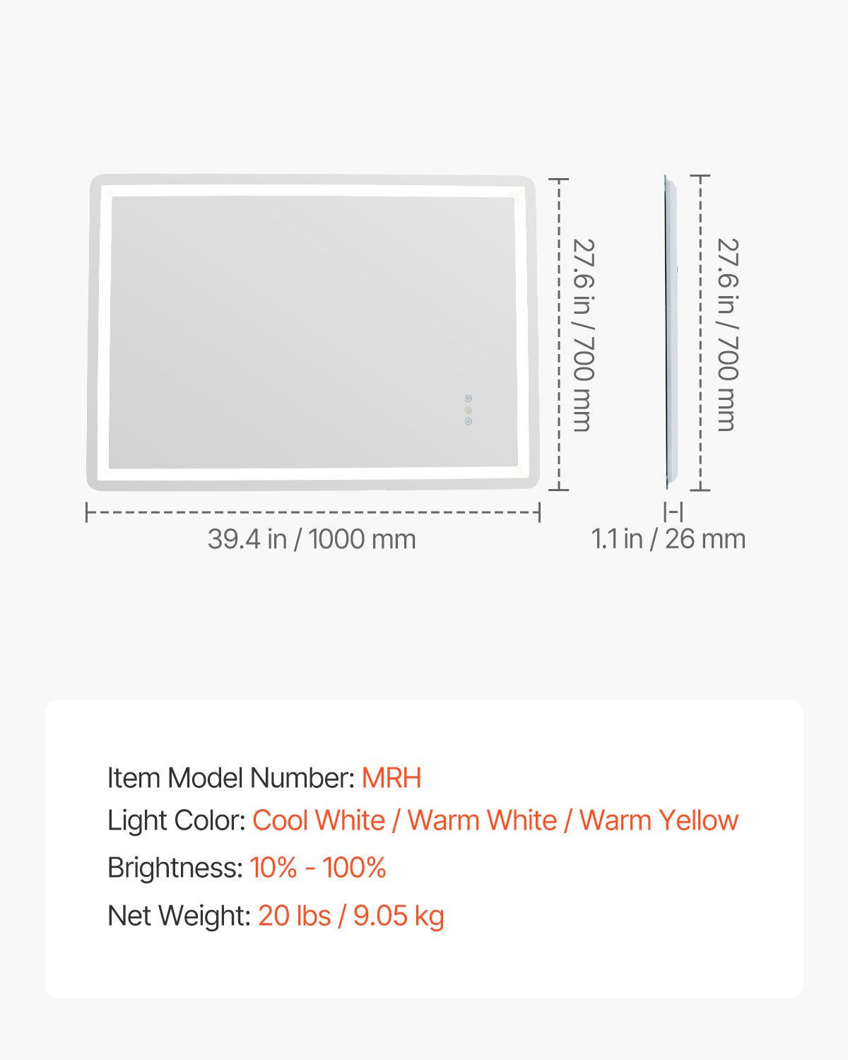 LED-badrumsspegel, 70 x 100 cm LED-badrumsspegel med frontbelysning och bakgrundsbelysning, imfri spegel med minne och belysning, steglöst dimbar badrumsspegel i 3 färger, väggmonterad