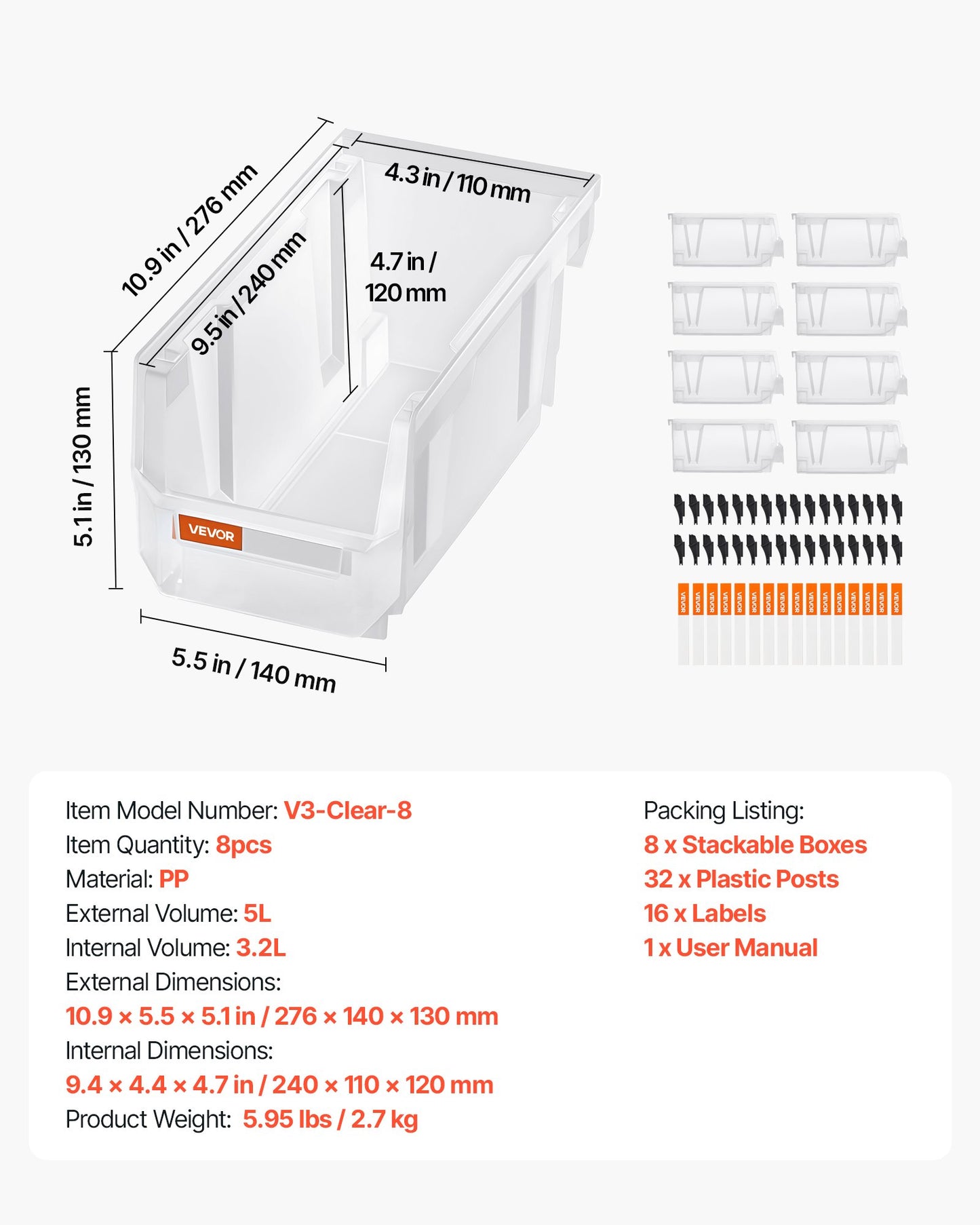 Stapelbara förvaringslådor i plast, 27,6 x 14 x 13 cm (8-pack), plastbehållare för organisering och förvaring av garderober, garage, smådelar, kontorsmaterial, andra tillbehör, transparent