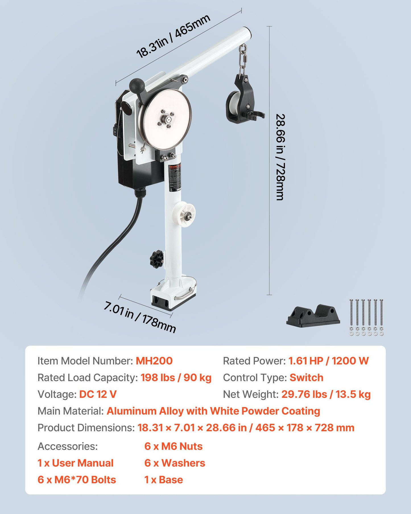 Linupphalare, 12V DC 1200W, Linupphalarvinsch rymmer 90 kg lyftkapacitet, Linhastighet på 35 m/min, 360° rotation och korrosionsbeständig, krabbburupphalare för krabba, räkor och hummerburar