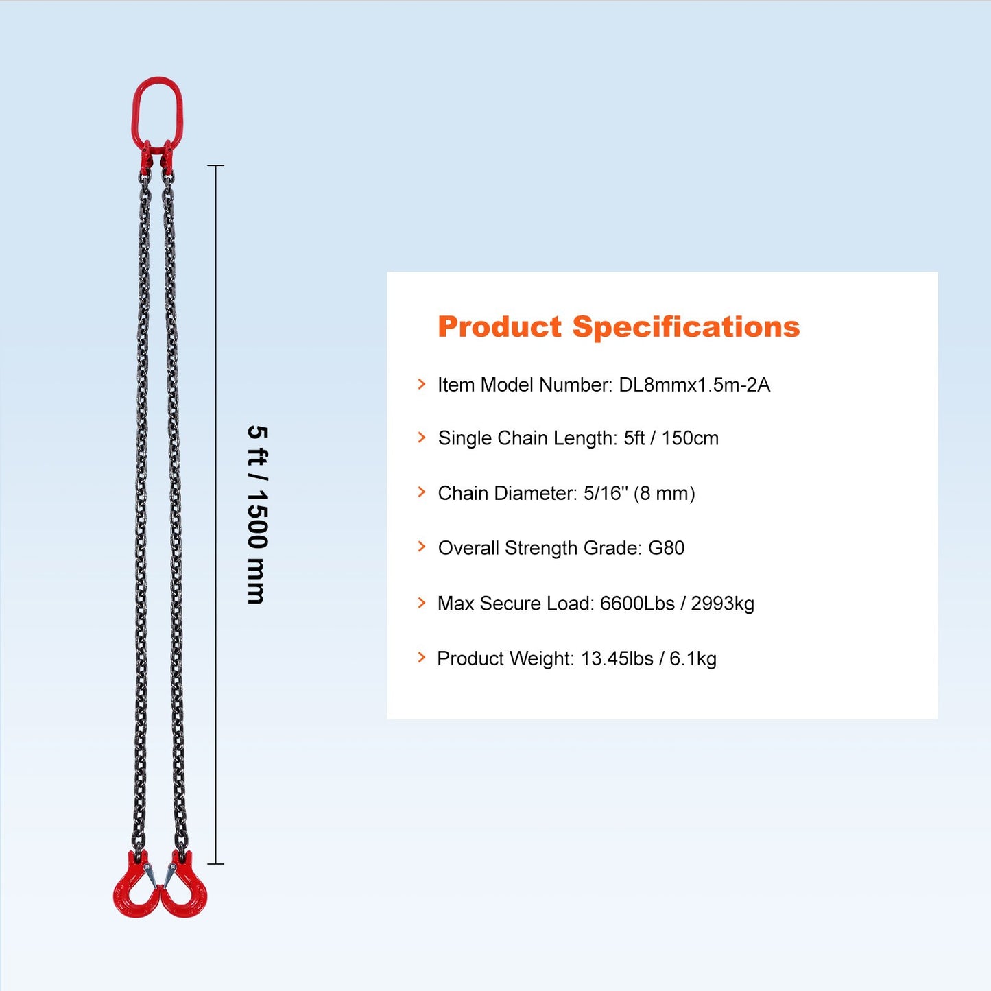 7,9 mm x 152,4 cm kättingrem med 2 ben, G80 lyftkedja med gripkrokar, 2993,7 kg