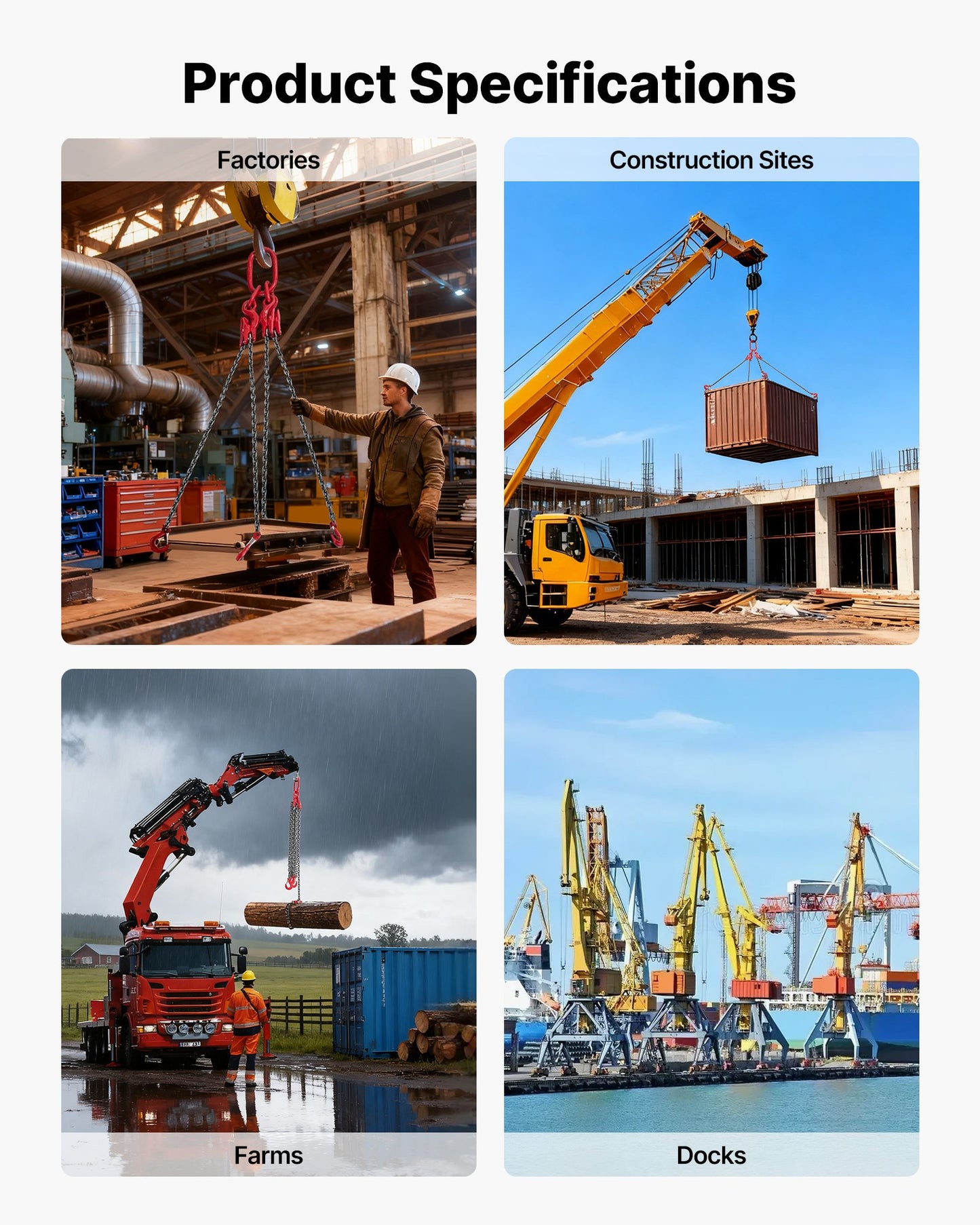 Kättinglyft, 10 mm x 3 m lyftkedjor med 4 gripkrokar, kraftig lyftlyft i G80-legerat stål, 10,4 tons kapacitet, justerbara motorkättinglyftar för bogsering av lastsäkerhet