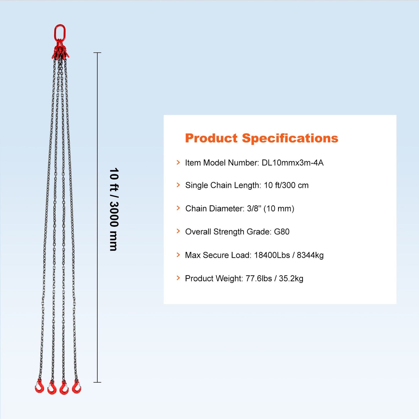 Kättingslinga, 3/8 tum x 10 fot lyftkedjor med krokar, G80 motorkättinglyftar, 18400 lbs/8 ton lyftslingkedjor för motorlyft, motorlyftkedja med 4-bens gripkrokar och justerare