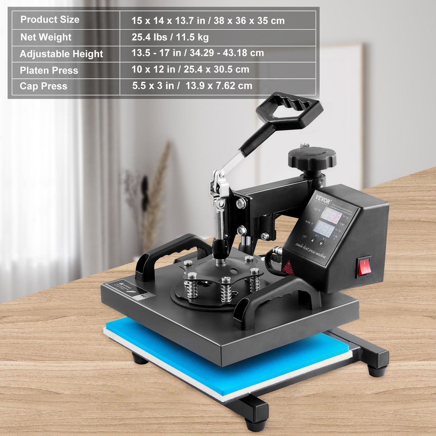 Värmepress, 10x12 tum / 25x30 cm, 2-i-1 clamshell sublimeringsskrivare med teflonbeläggning, digital exakt värmekontroll, kraftpress för t-shirt, hatt och keps