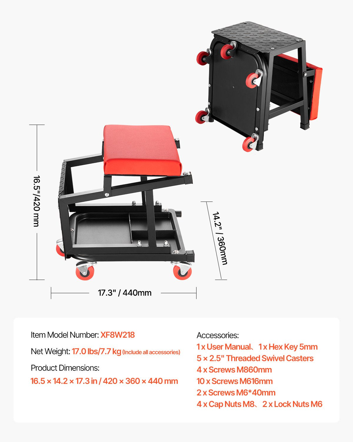 Mekanikerpall, kapacitet 136 kg garagestol/arbetspall med hjul, 360° svängbar verkstadspall med verktygslåda, krypstol/stegpall för mekaniker, för garage, verkstad och bilreparationer, svart