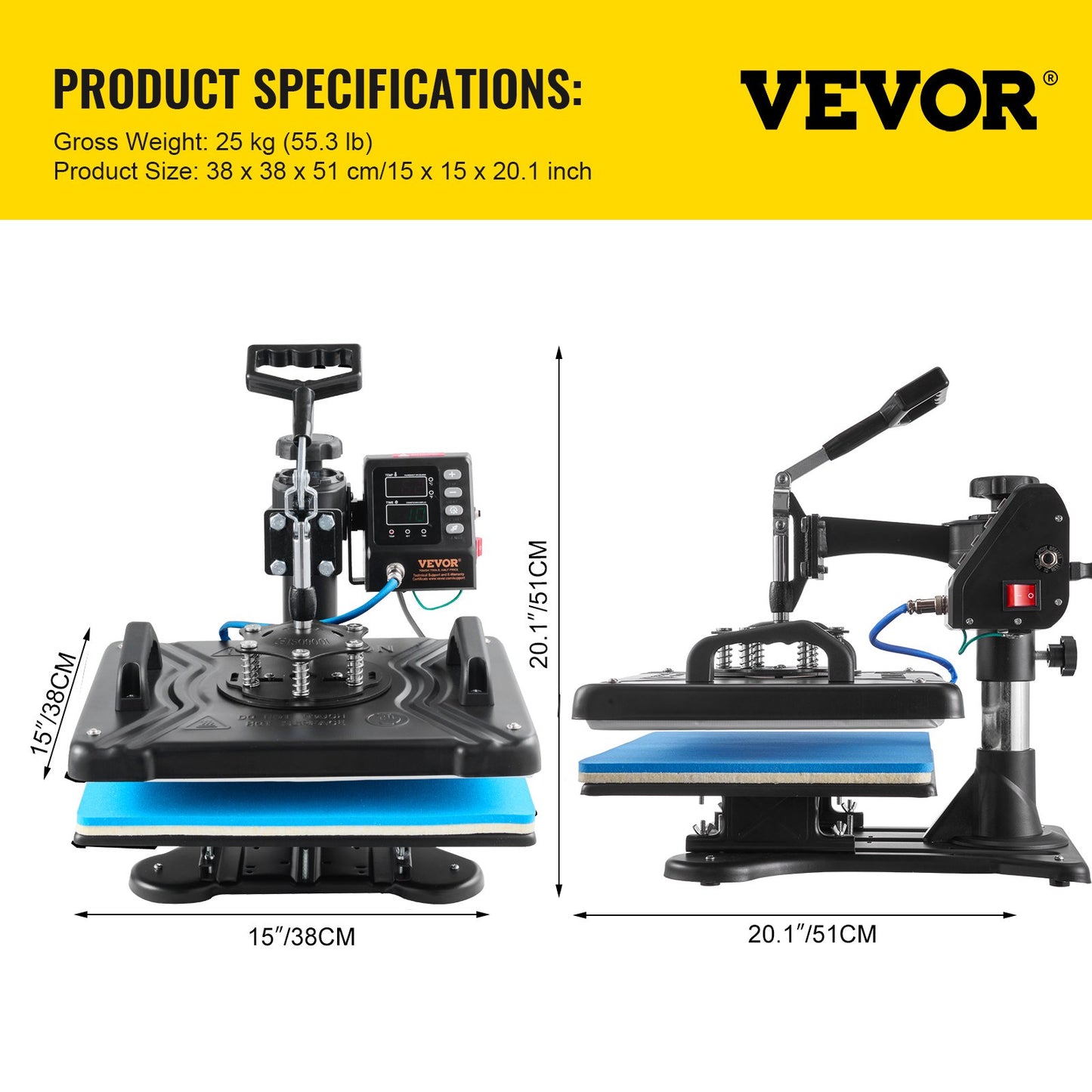 Värmepress 30,5x38,1 cm 10-i-1 värmepress 1000W värmepressmaskin med 360° rotation, svängbar svart 10-i-1 T-shirt sublimeringsmaskin, dubbelrörsvärme för gör-det-själv-pennor, kepsar, muggar och skjortor