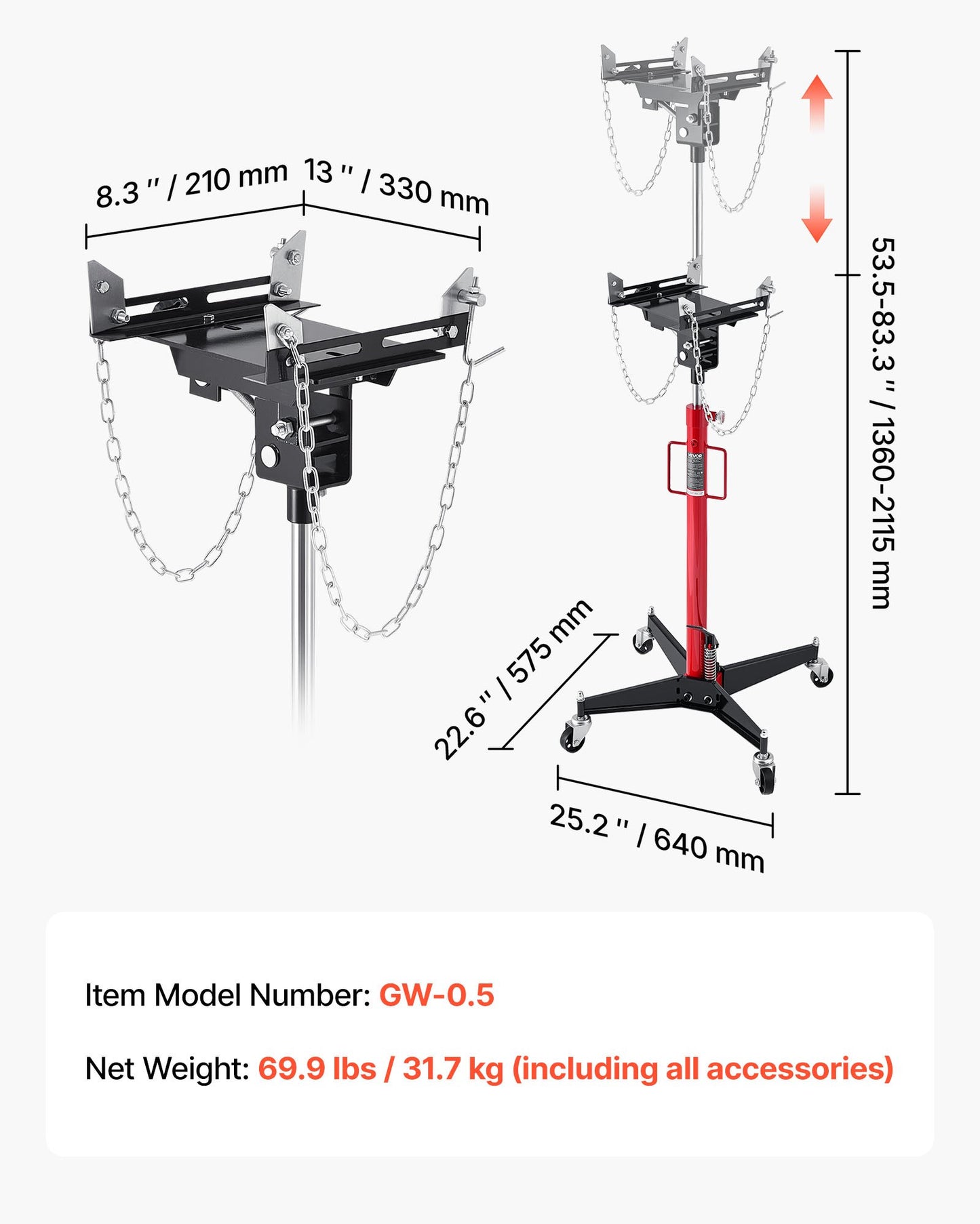 Hydraulic Transmission Jack, 1100 lbs / 0.5 Ton Lifting Capacity Telescoping Transmission Jack with Foot Pedal, 360° Swivel Wheel, 127-202 cm High Lifting Height, Lift Hoist for Garage/Shop