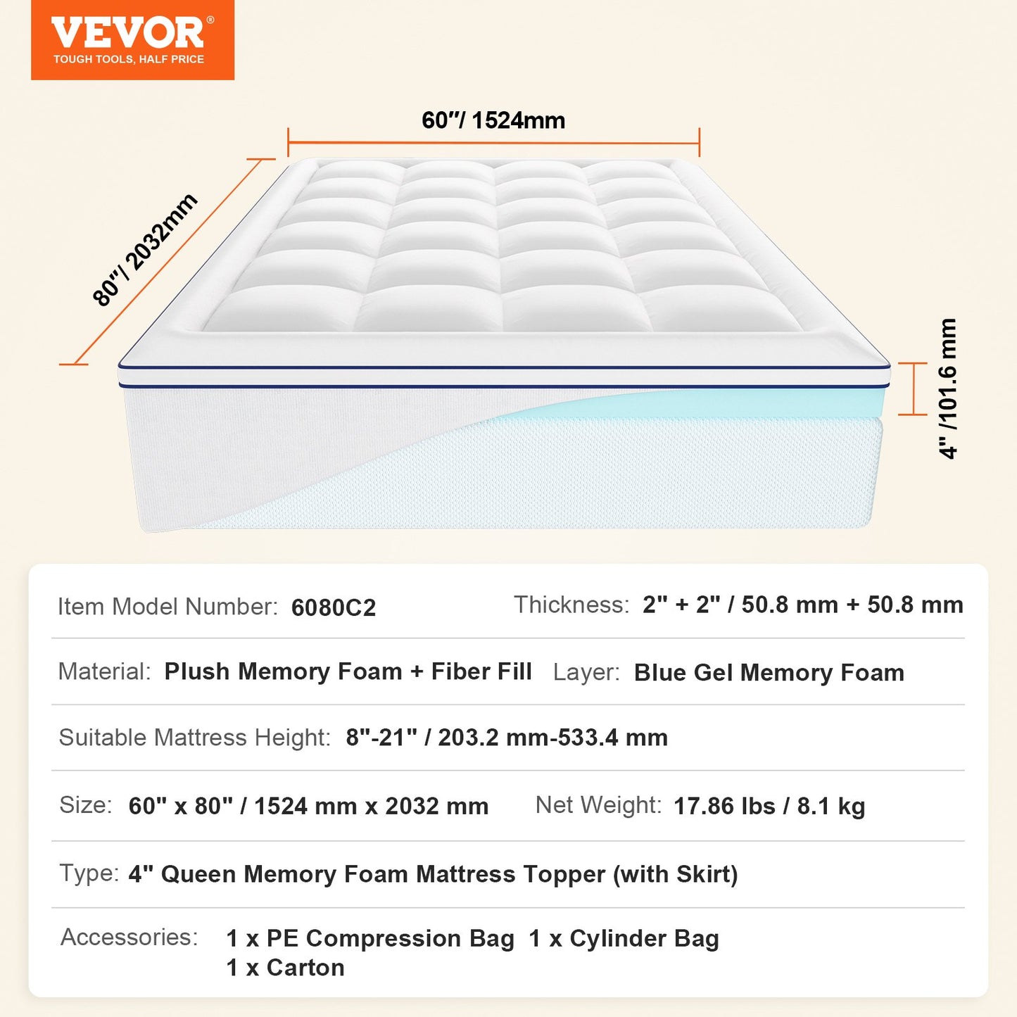 Bäddmadrass Premium Memory Foam Fiber Fill Queen 1524x2032x101,6 mm Tjocklek