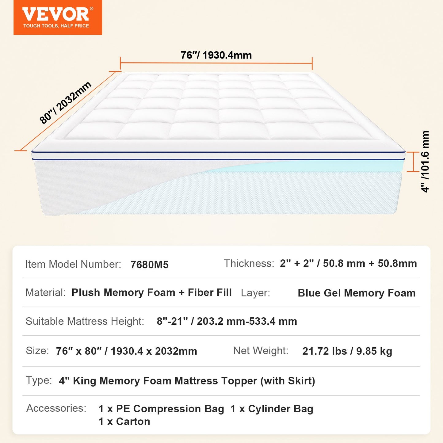 Bäddmadrass Premium Memory Foam Fiber Fill King 1930x2032x101,6 mm Tjocklek