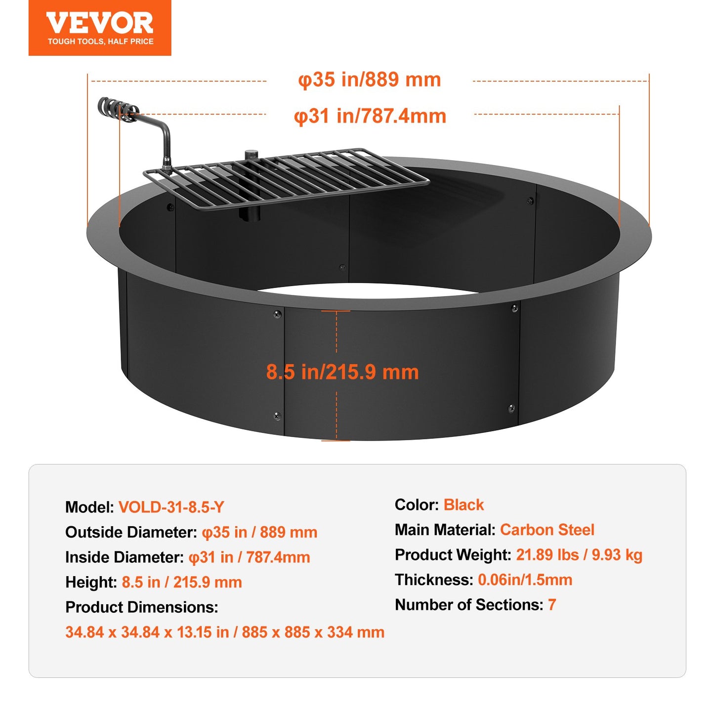 Eldgropsring, eldgropinsats med grilleldring, 35-tums ytterdiameter/31-tums innerdiameter, 8,5 tums höjd, foder i kolstål, gör-det-själv-eldring ovanför/i marken, för utomhuscamping, brasor