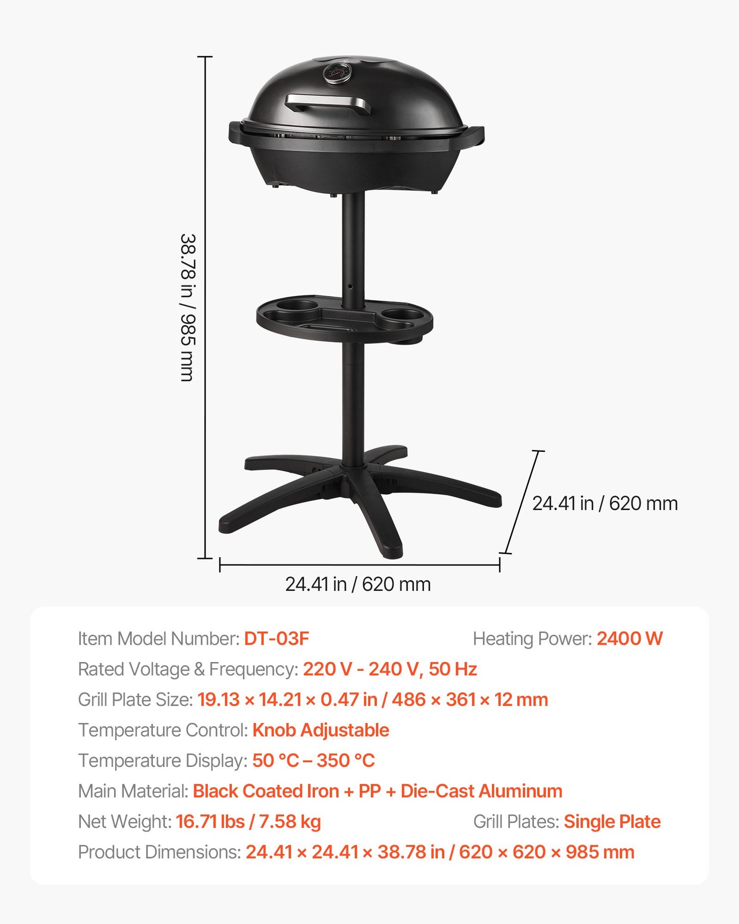 Electric Grill 2400W, 2-in-1 Standing & Tabletop Electric BBQ Grill for Indoors Outdoors - with 50°C-350°C Adjustable Temperature & Non-stick Ceramic Coated Plate for Party Backyard Grilling