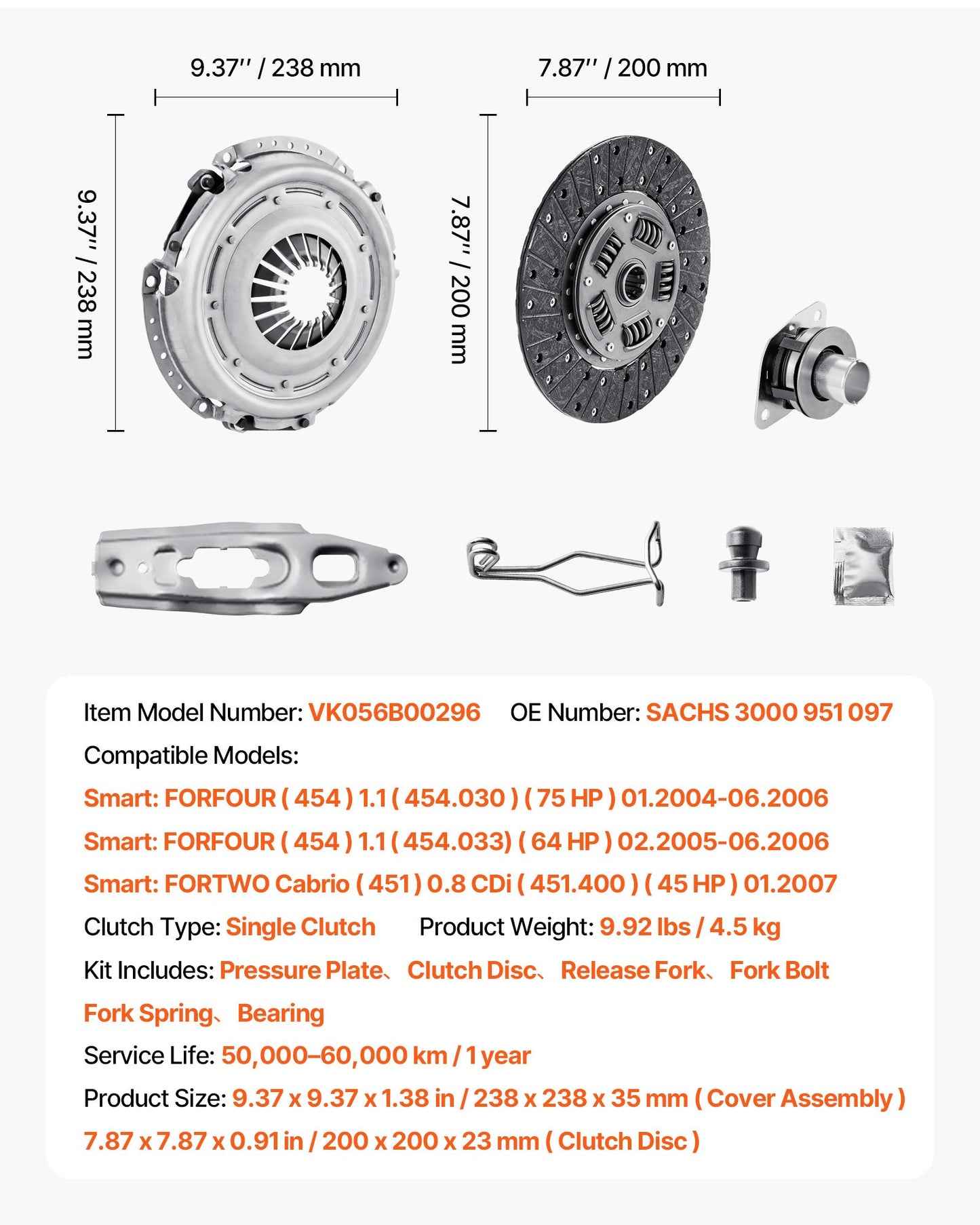 Kopplingssats med tryckplatta, Extra kraftig OEM-kopplingssats, OEM-ersättningskopplingssats för växellåda, kompatibel med 2004-2006 Smart FORFOUR (75 hk), 2005-2006 FORFOUR (64 hk), 2007 FORTWO Cabriolet