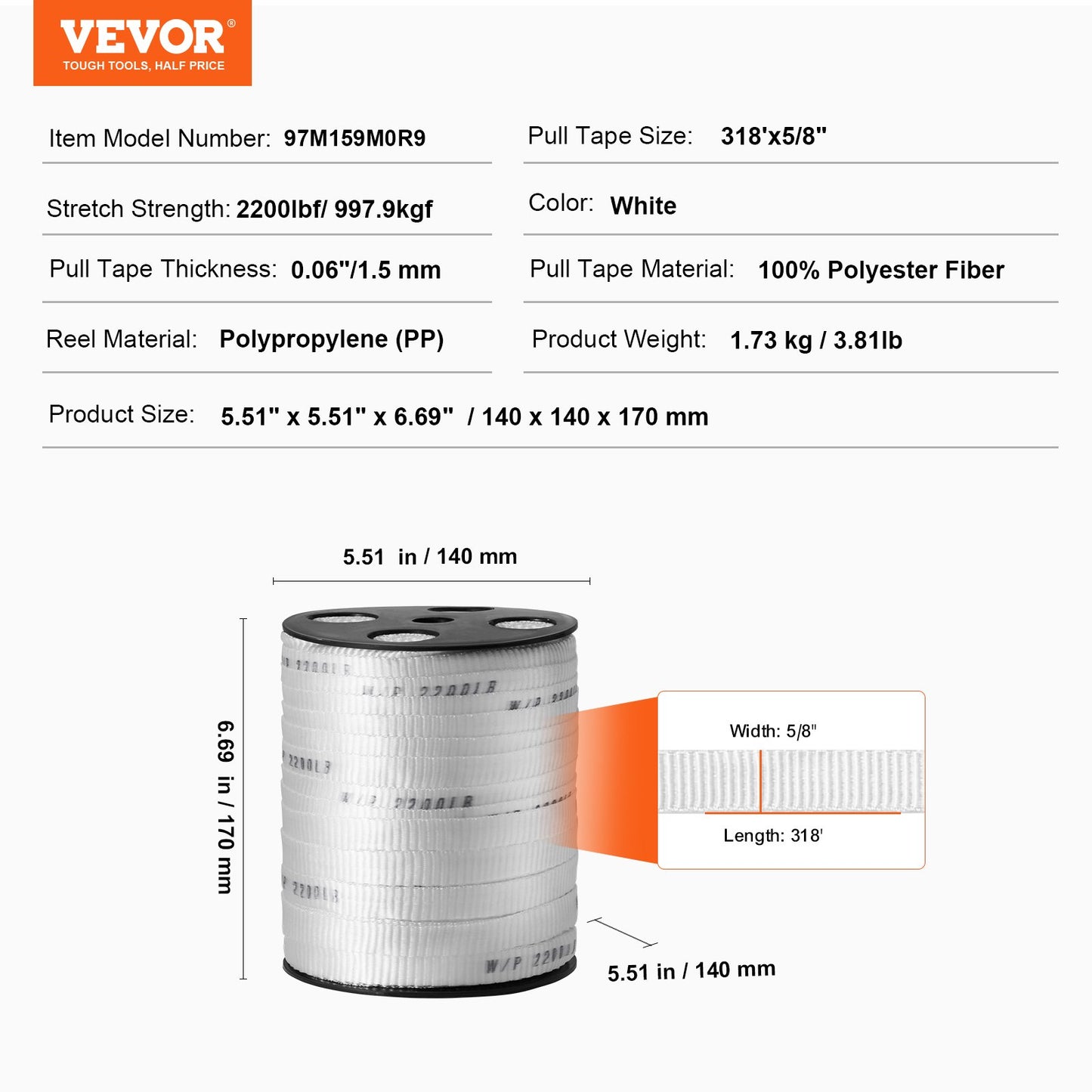 Polyesterdragtejp, 5/8" x 318' platt rep, dragkapacitet 2200 lbf, tryckt vävband för kabeldragning för förpackningar, trädgårdsskötsel, kommersiell el, rörledningsarbeten, vit