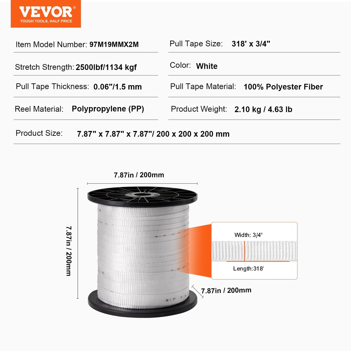 Polyesterdragtejp, 3/4" x 318' platt rep, dragkapacitet 2500 lbf, tryckt vävband för kabeldragning för förpackningar, trädgårdsskötsel, kommersiell el, rörledningsarbeten, vit