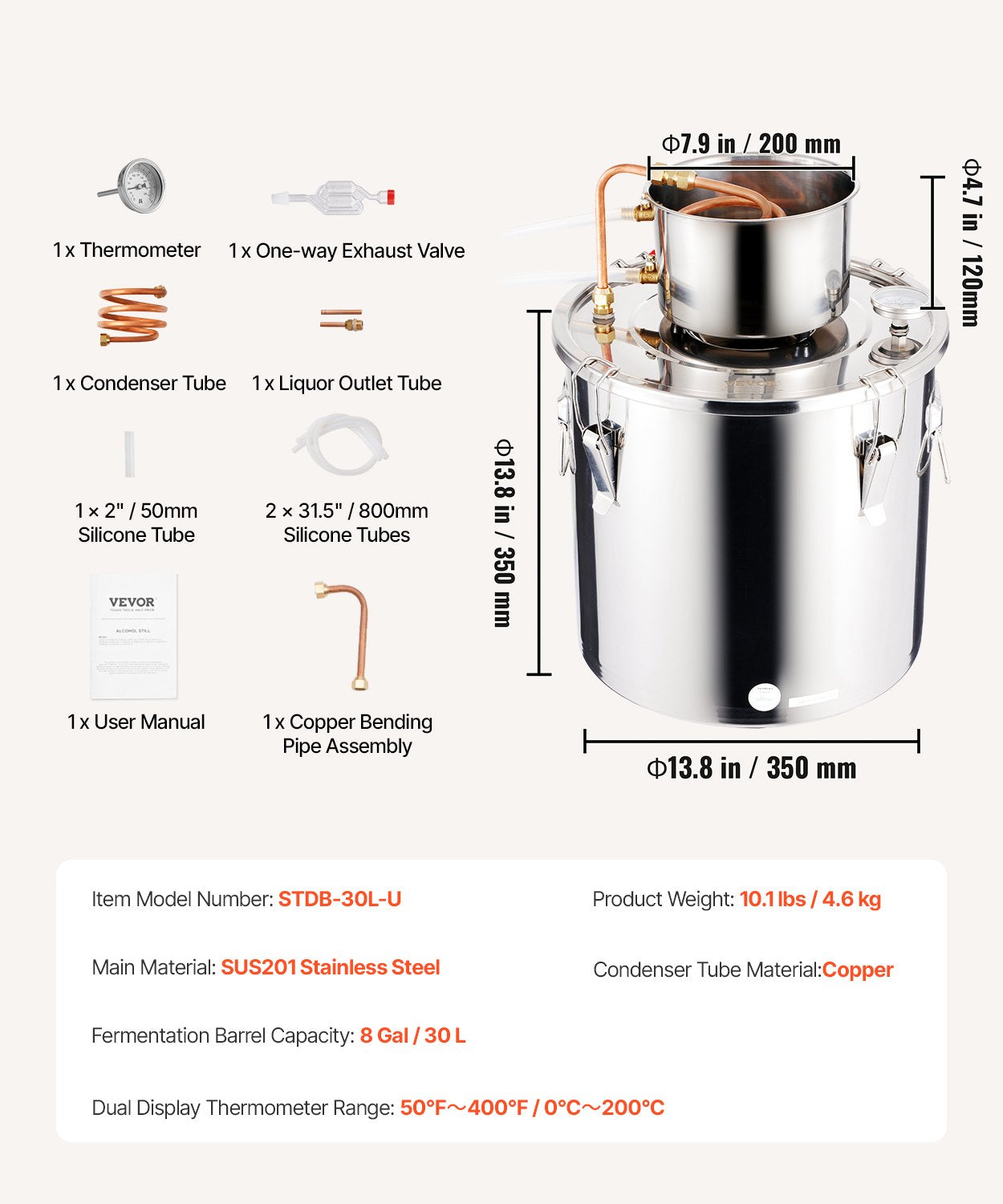 Alkoholdestillationsapparat, 8 gallon / 30 l rostfritt stål vattenalkoholdestilleri med kopparspiral, hembryggningsraffinering och jäsningskit med termometer, för vin, whisky och brandy, silver