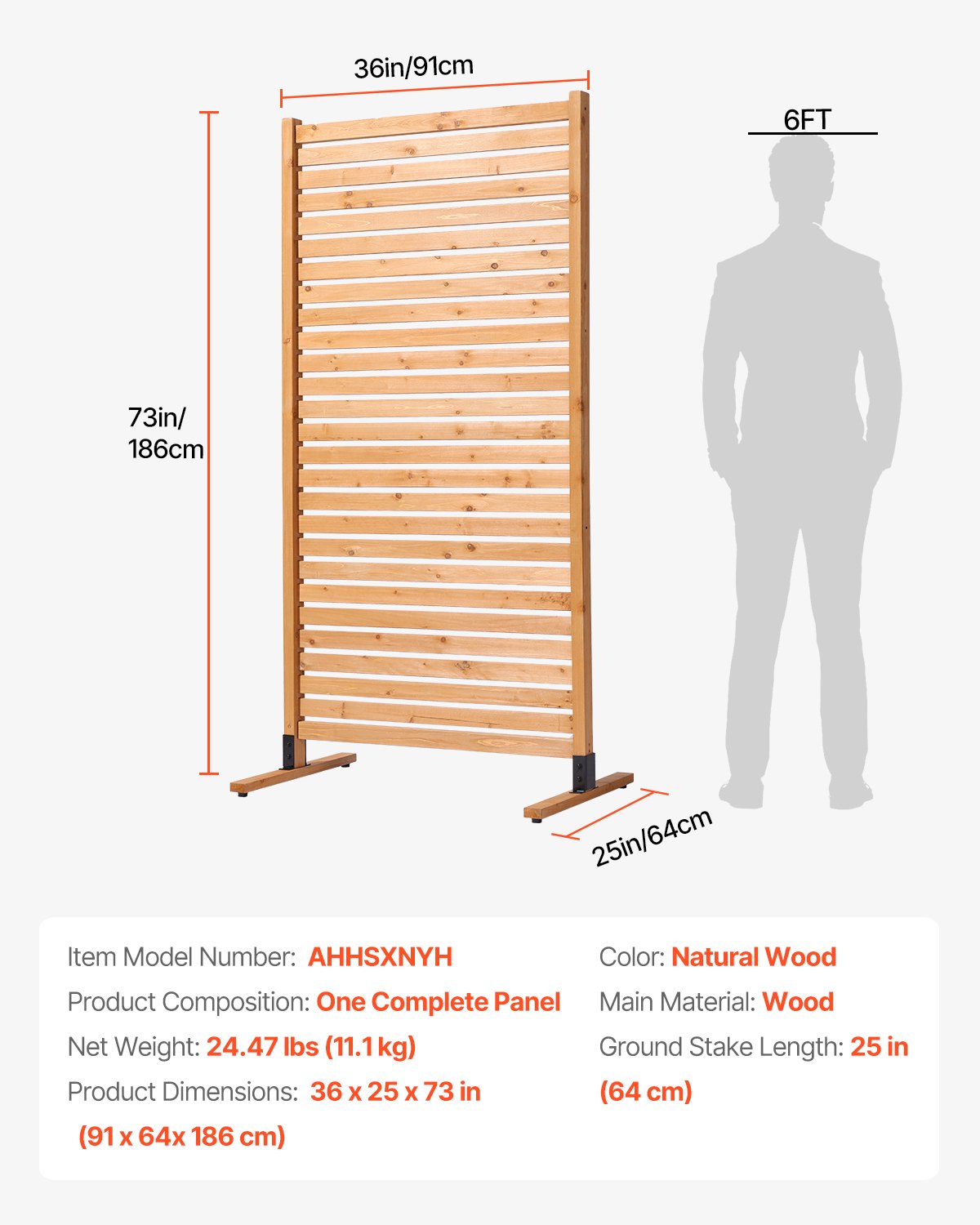 Träskärm, 91 cm B x 183 cm H Utomhusskärm, Fristående träskärm med stativ, Dekorativ skärm för uteplats, Utomhusavdelare för balkong, uteplats, gräsmatta, trädgård