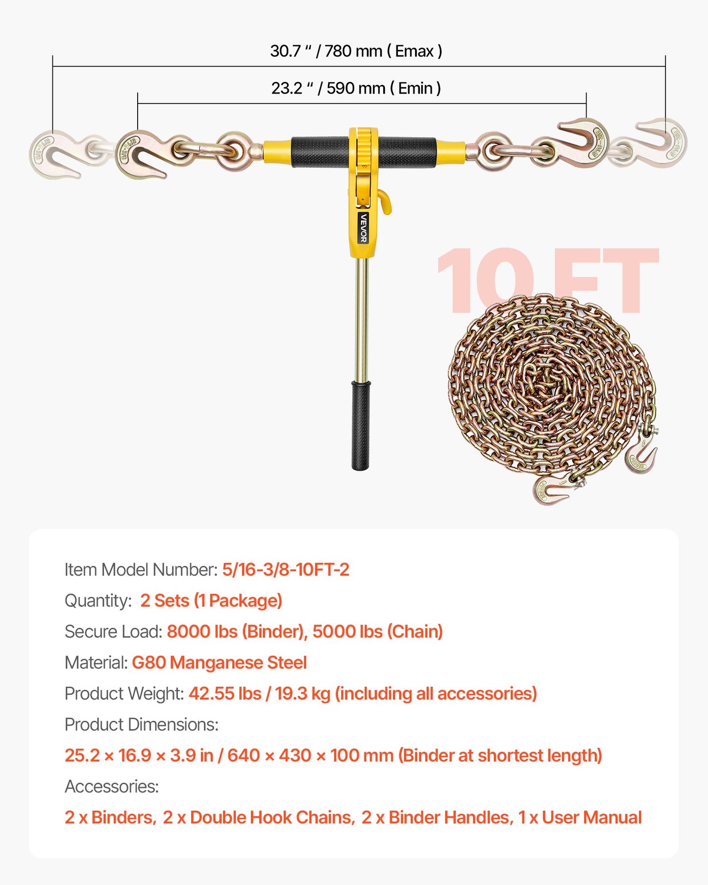 Spärrkedjebindare, 8 mm x 3 m G80-kedjor, 3629 kg arbetsbelastning för spärrkedjebindare, kedjor och bindemedelssats, surrningskedjebindare för transport, bogsering, skogsbruk, lyft