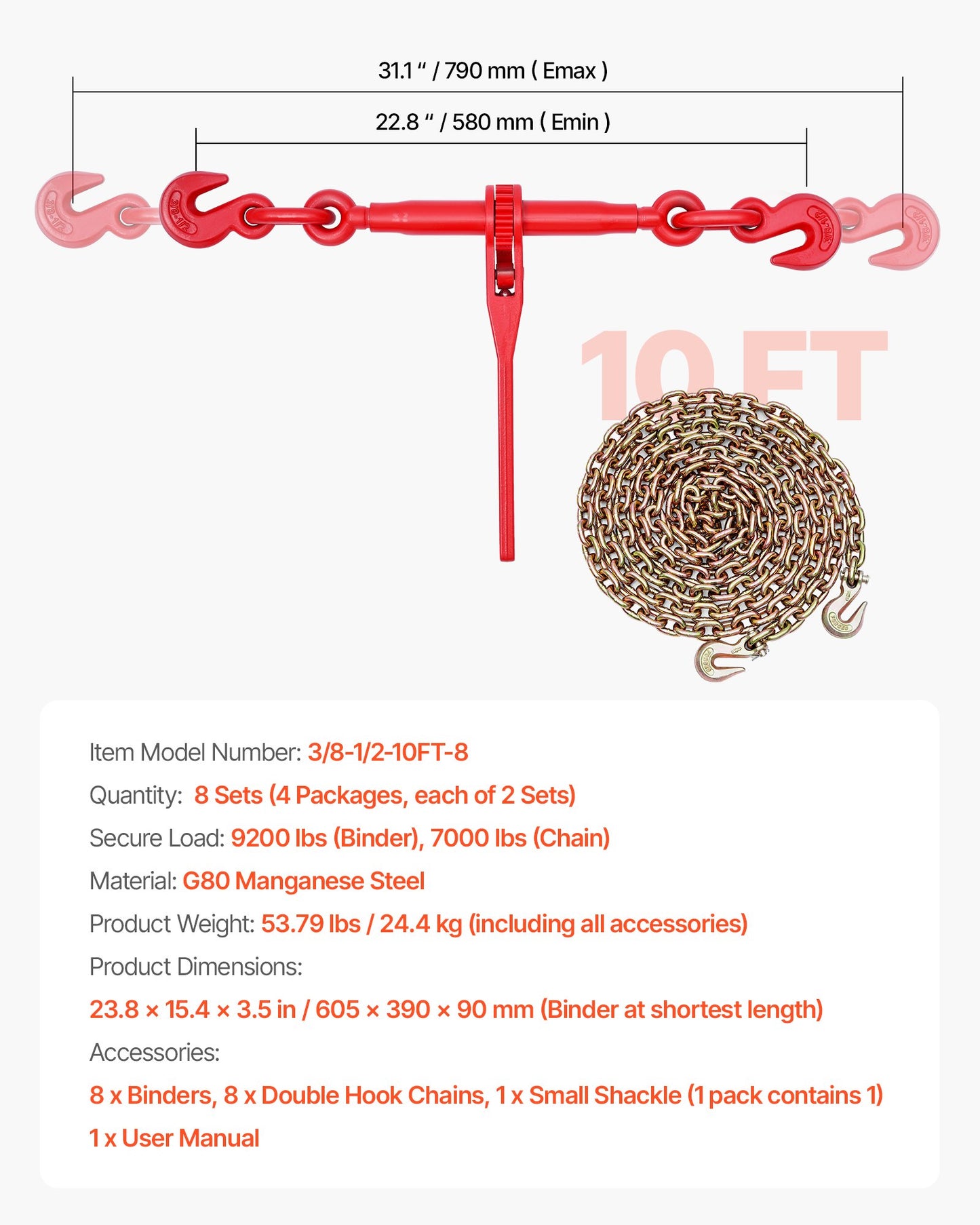 Spärrkedjebindare, 10 mm x 3 m G80-kedjor, 4173 kg arbetsbelastning för spärrkedjebindare, kedjor och bindemedelssats, surrningskedjebindare för transport, bogsering, skogsbruk, lyft