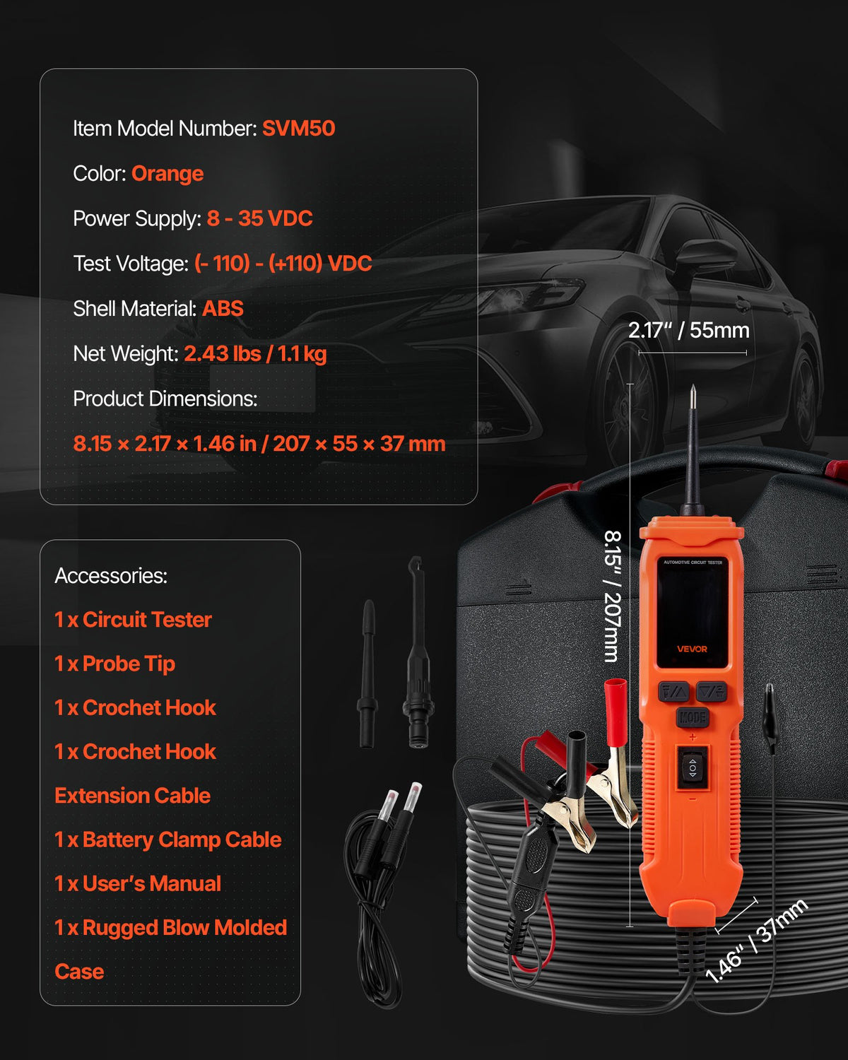 Automotive Circuit Tester, 8 - 35 DCV Power Circuit Probe Tester with TFT Color Display and Lighting, Automotive Power Tester Probe with 19.7 ft / 6 m Cable, 2-in-1 Electrical Detector Finder