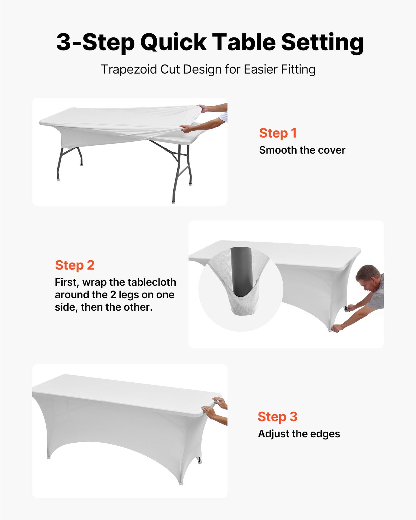 6-pack bordsdukar för 2,4 meter rektangulära evenemang, skrynkelresistenta vita stretchdukar, tvättbara spandexdukar, för fest, bröllop, cocktail, bankett, festival