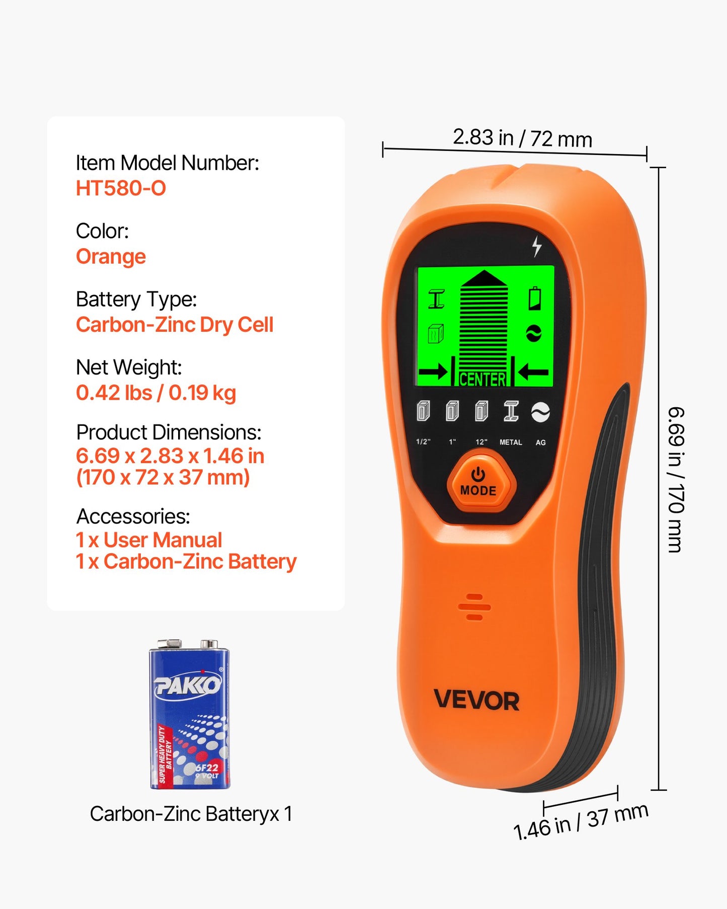Regeldetektor Väggskanner, 5 i 1, Elektronisk Väggregeldetektor med Smart Sensor, HD LCD-Display och Ljudlarm, för mitten och kanten av metall, AC-ledning, Bjälkar, Rör, Orange