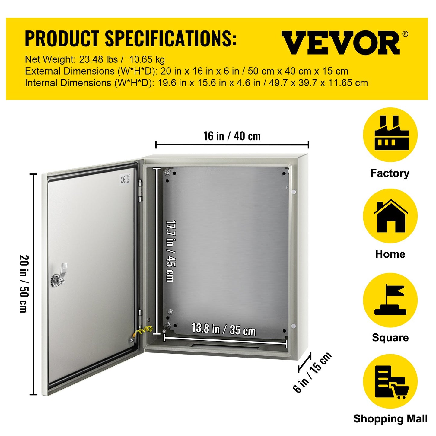 NEMA Steel Enclosure, 50x40x15 cm NEMA 4X Steel Electrical Box, IP66 Waterproof & Dustproof, Outdoor/Indoor Electrical Junction Box, with Mounting Plate