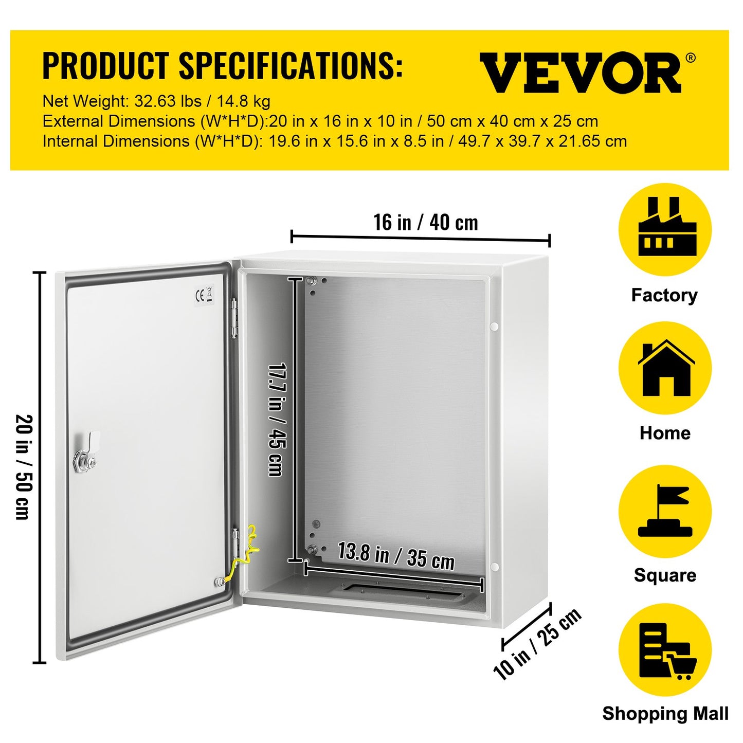 NEMA Steel Enclosure, 50x40x25 cm NEMA 4X Steel Electrical Box, IP66 Waterproof & Dustproof, Outdoor/Indoor Electrical Junction Box, with Mounting Plate