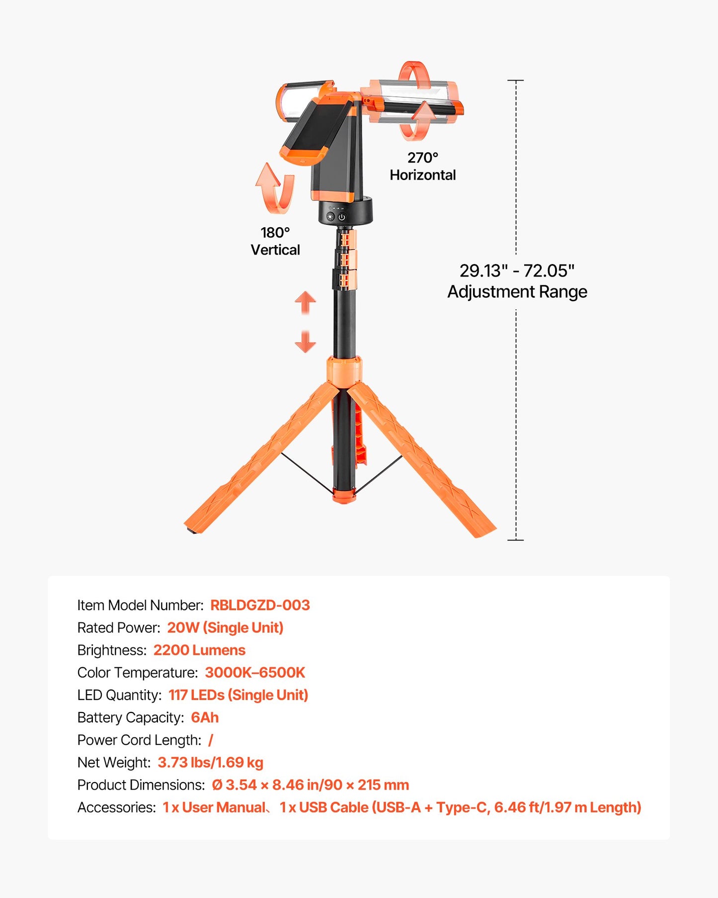 LED Work Light with Stand, 6Ah, Rechargeable Cordless Camping Light, with 3 Lamp Heads, Detachable Tripod Stand, 2200 Lumens 3000K-6500K Dimmable, Portable Construction Lighting for Job Site