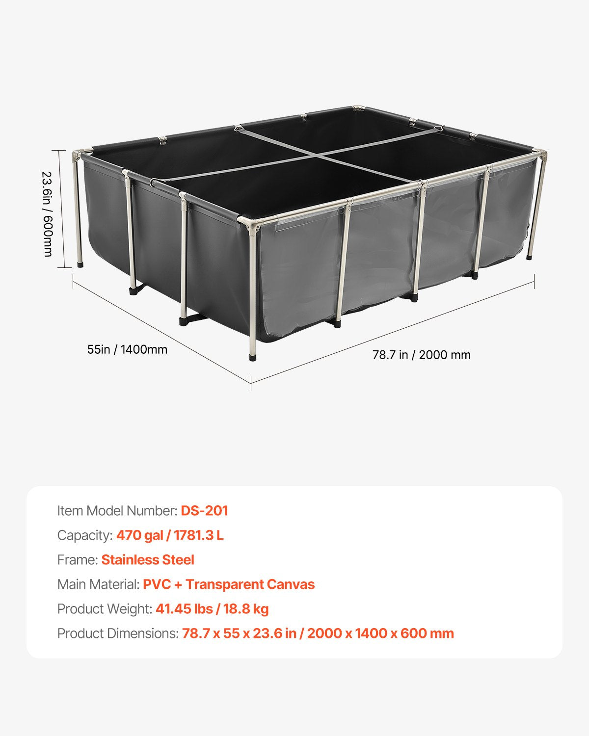 Fiskdamm i kanvas, 190 liter ovanmarksdamm, koi-akvarie i PVC med genomskinlig panel, rektangulärt akvarium för guldfiskar med ram i rostfritt stål och dräneringsventil, för koi-odling, bevattning (svart)